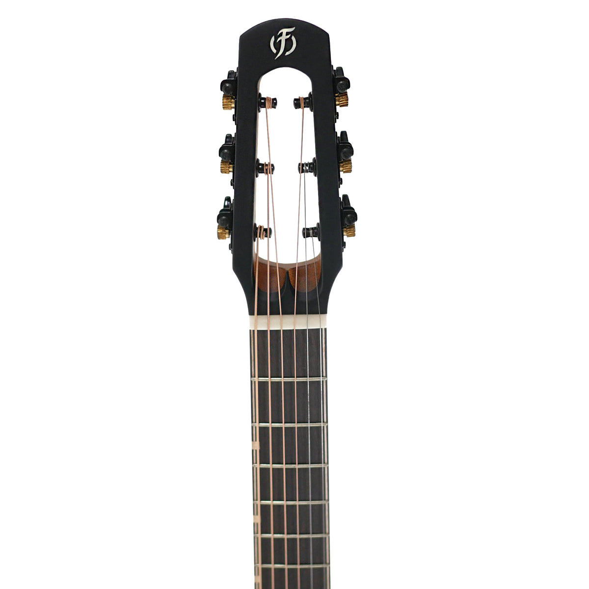 The headstock close-up displays the slotted design, Ning-Hong tuners, and bone nut of the Flight PIXI MAH.