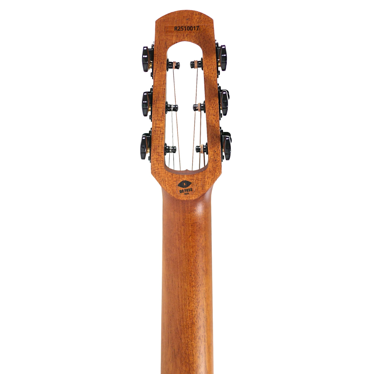 The rear headstock view showcases the mahogany neck and tuning hardware of the Flight PIXI MAH.