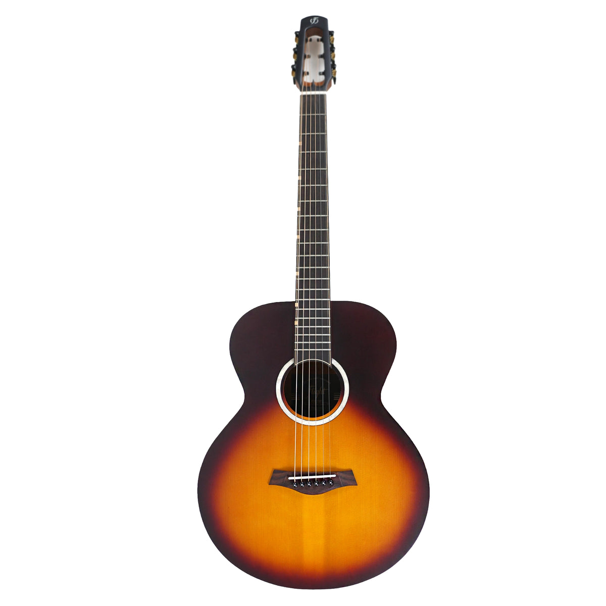 The full front view showcases the compact travel guitar body and sunburst satin finish of the Flight PIXI TSB.
