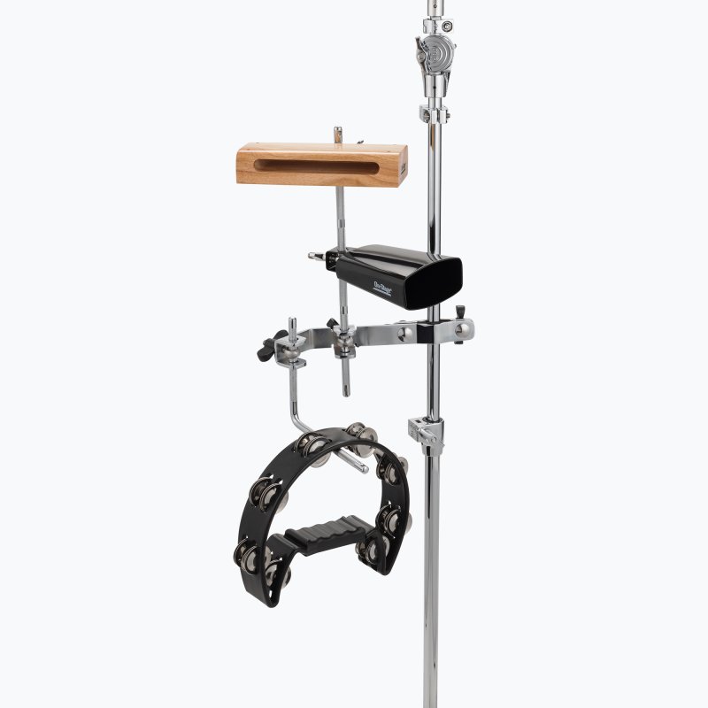 On-Stage PRS1010 rods holding a woodblock, cowbell and tambourine on a stand-mounted bracket