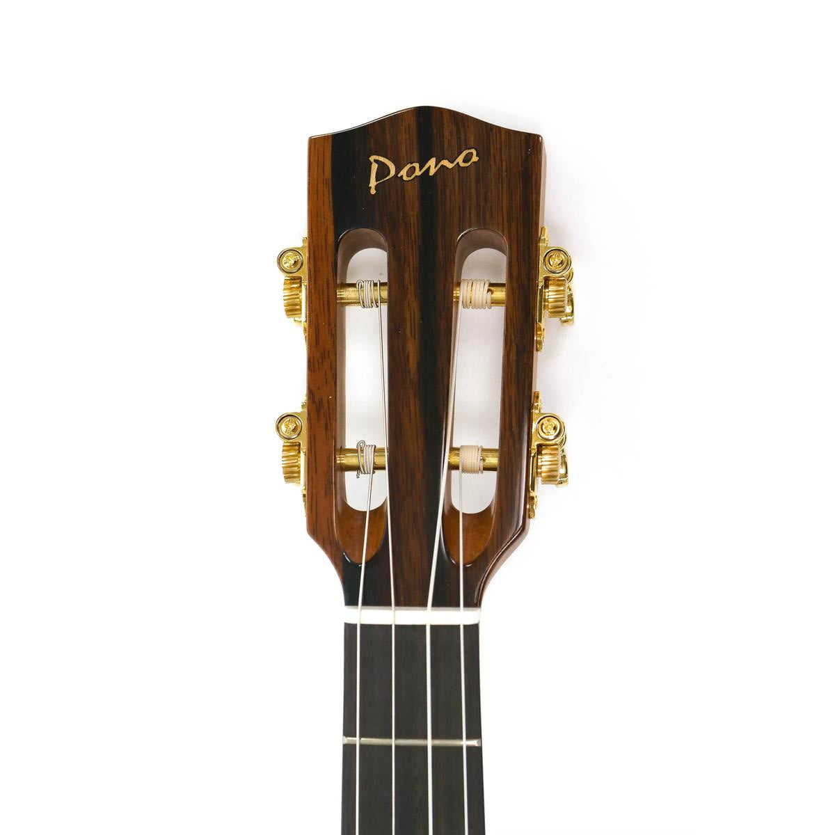 Pono ULN4-4 slotted headstock front with Pono logo and gold geared tuners