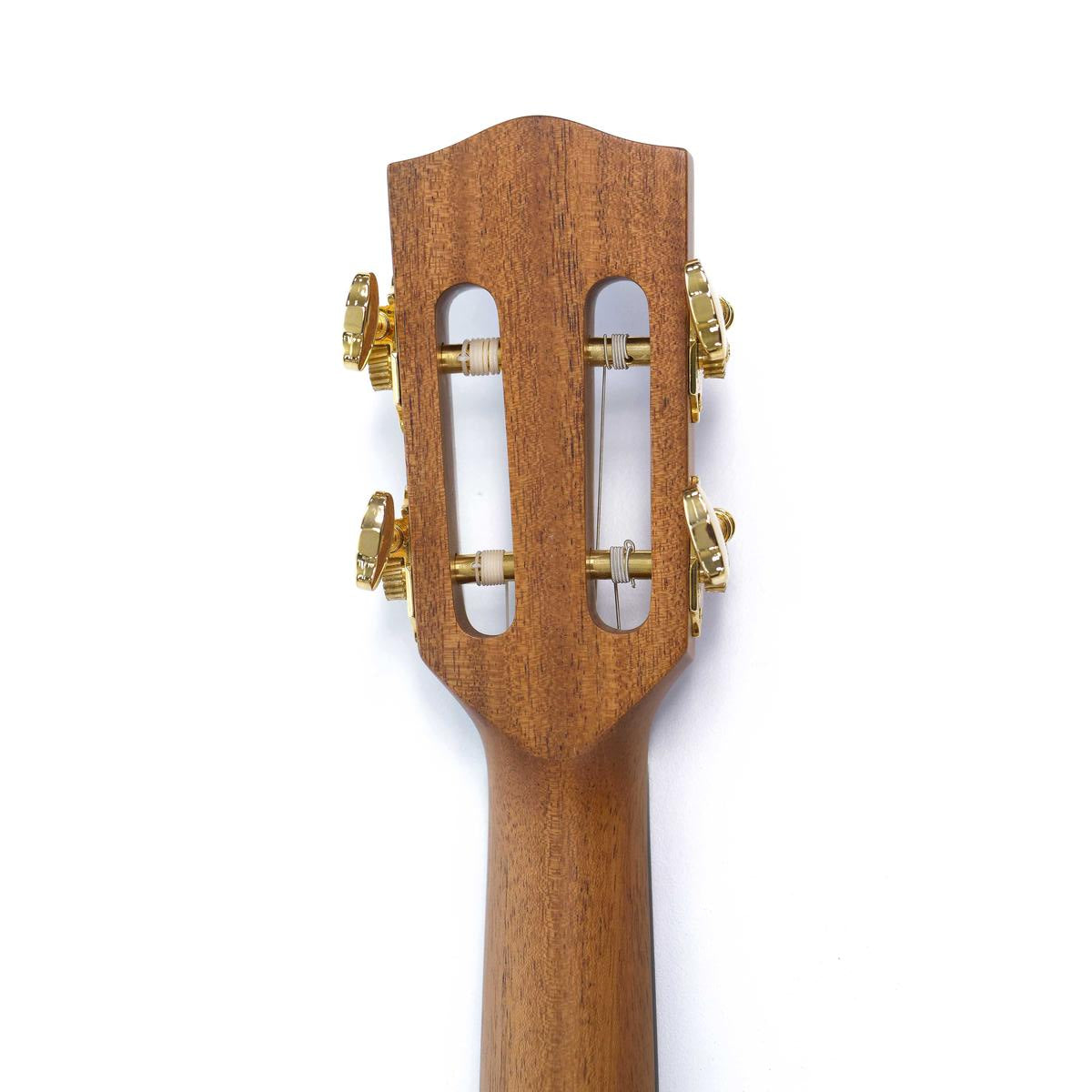 Pono ULN4-4 slotted headstock back showing the mahogany neck and gold tuners