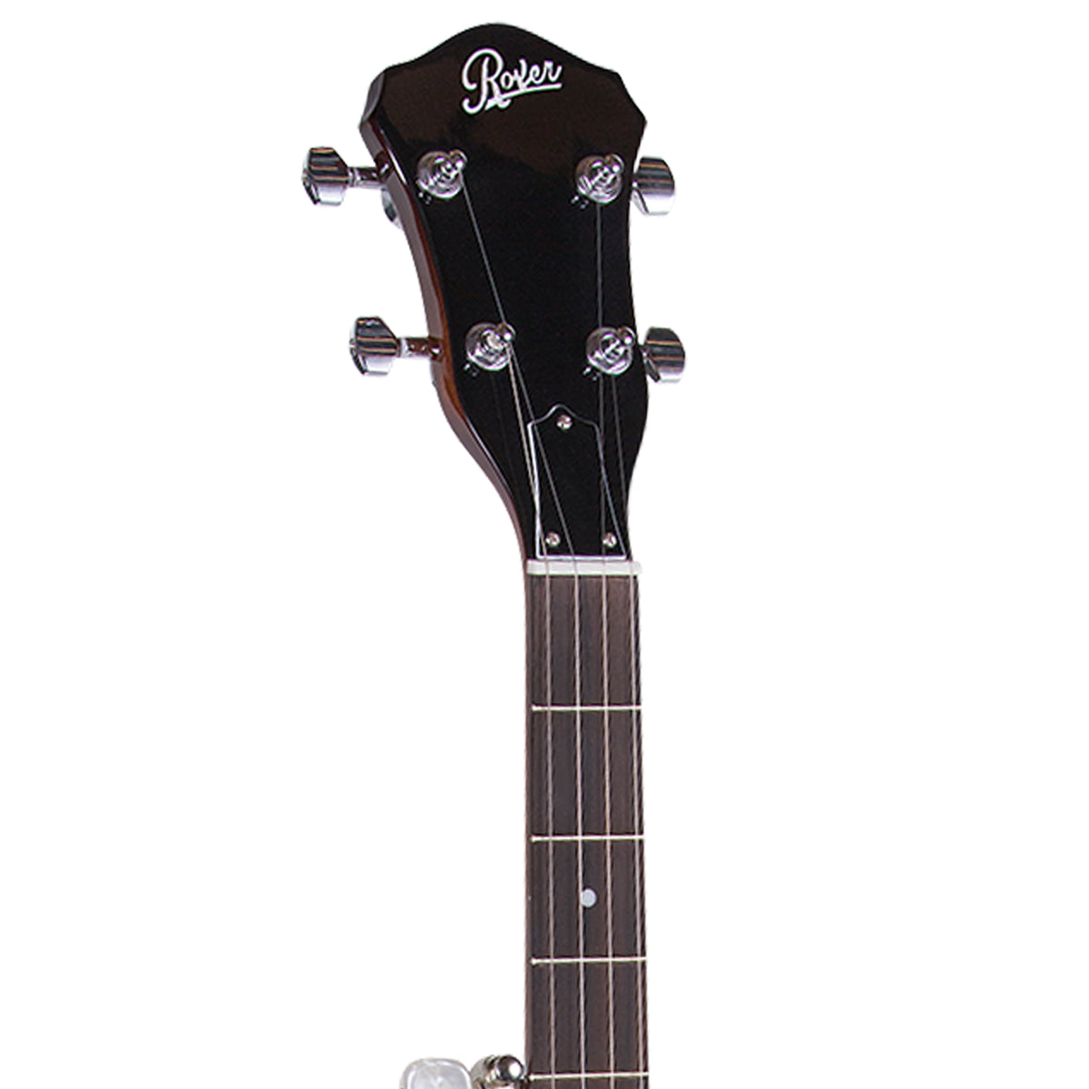 Close-up of a Peoria brand banjo headstock and upper neck, featuring a glossy black headstock with silver tuning keys and a dark fretboard on a white background.