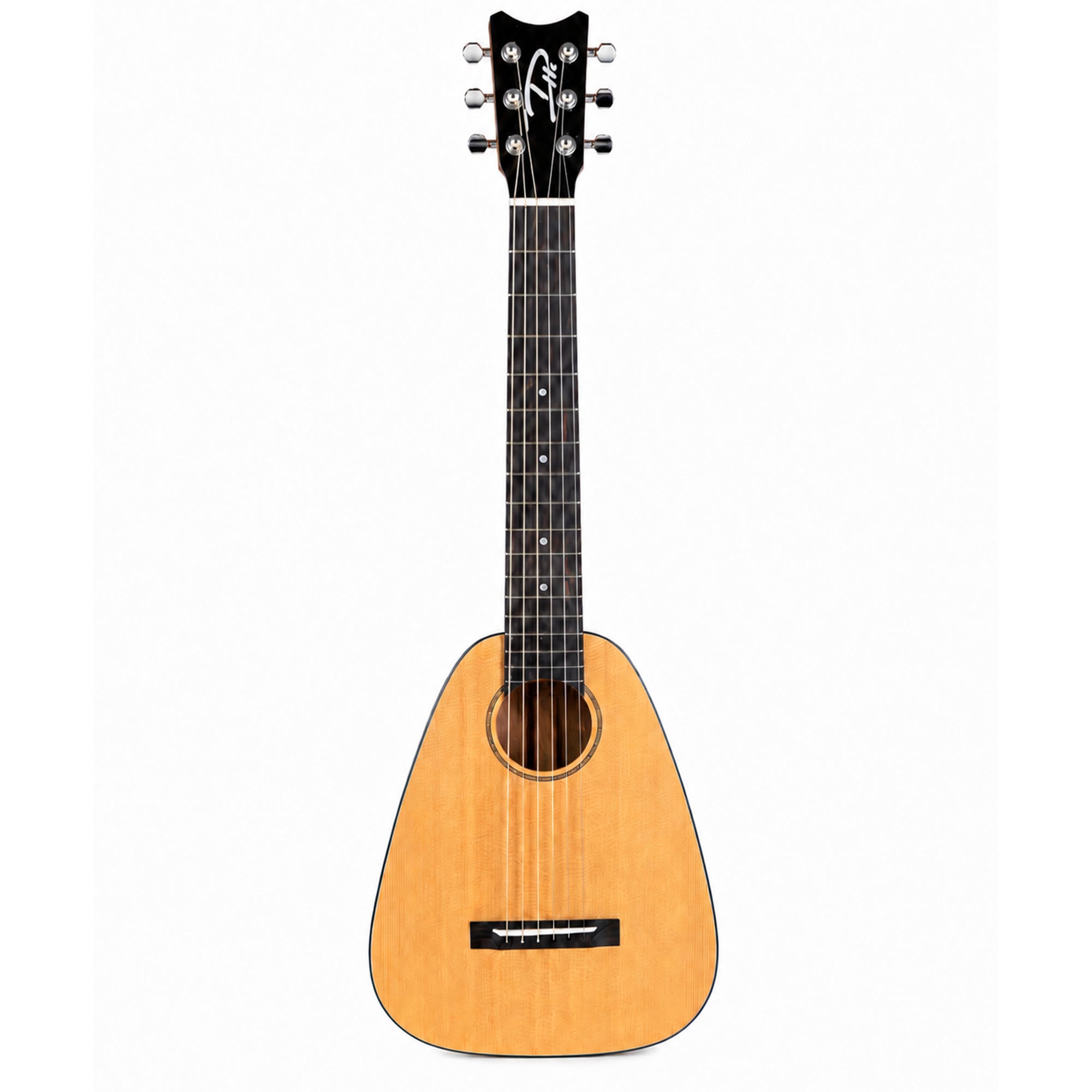 A Romero Creations Vibrante Dho6 6-String Guilele with a natural wood body, dark fretboard, and a black headstock featuring a stylized white 'R' logo, shown against a plain white background.