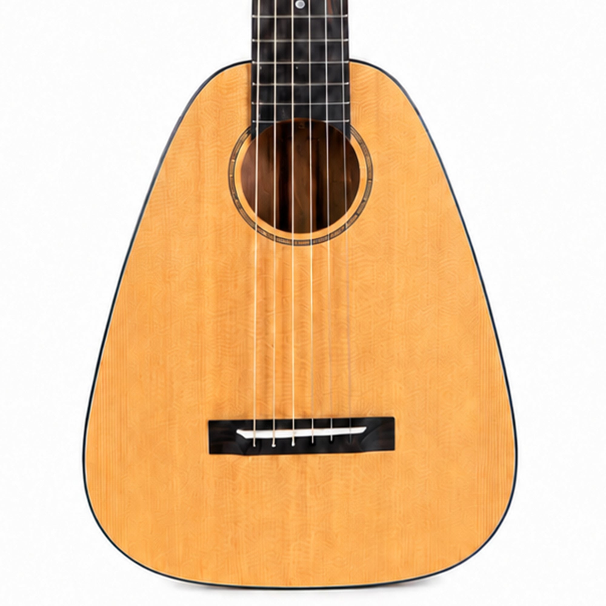 A close-up of a Romero Creations Vibrante Dho6 6-String Guilele body, likely a ukulele or small guitar, with a natural light wood finish, black edges, and a black bridge, shown against a plain white background.