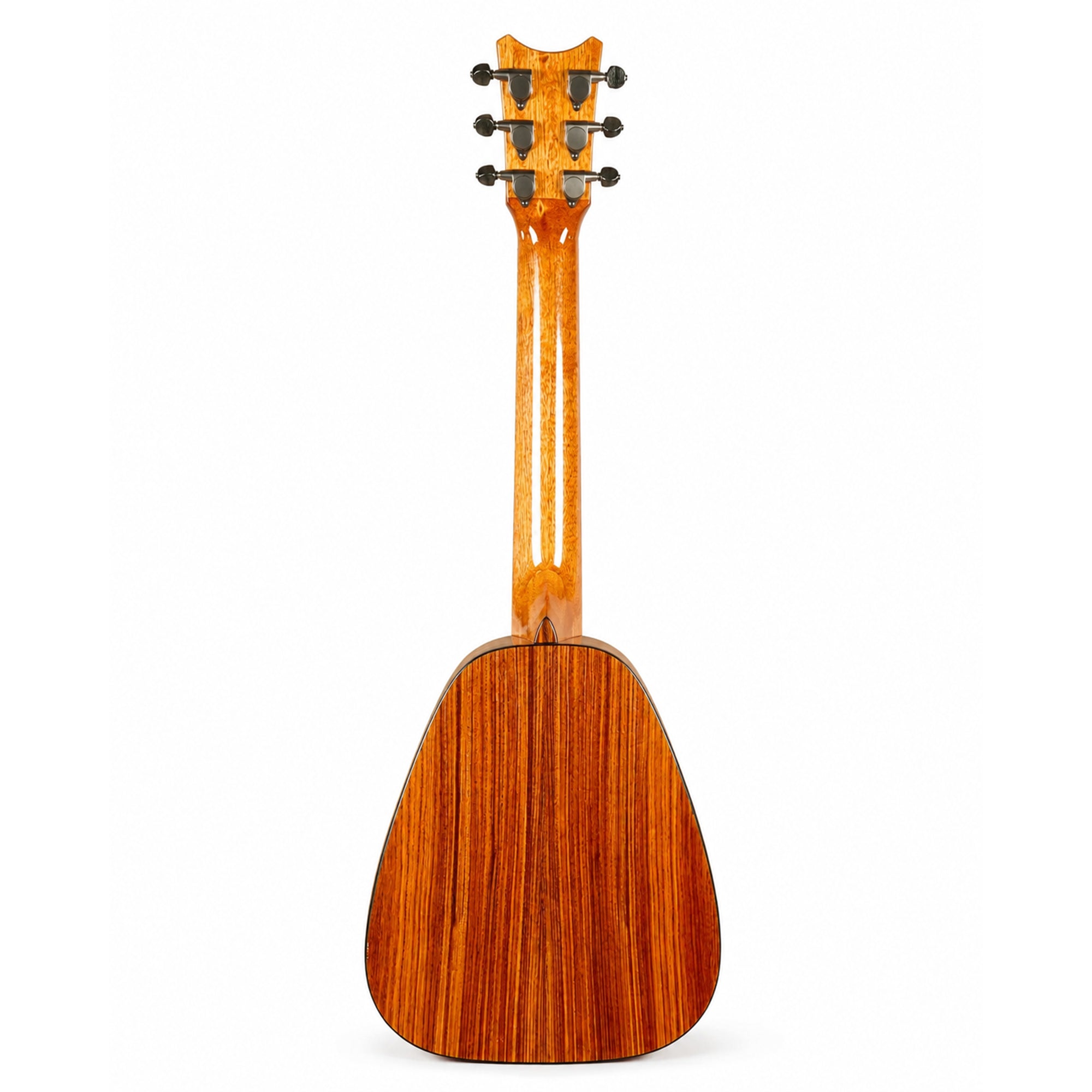 The back view of a Romero Creations Vibrante Dho6 6-String Guilele, featuring a rich reddish-brown wood grain finish and six tuning pegs on a white background.