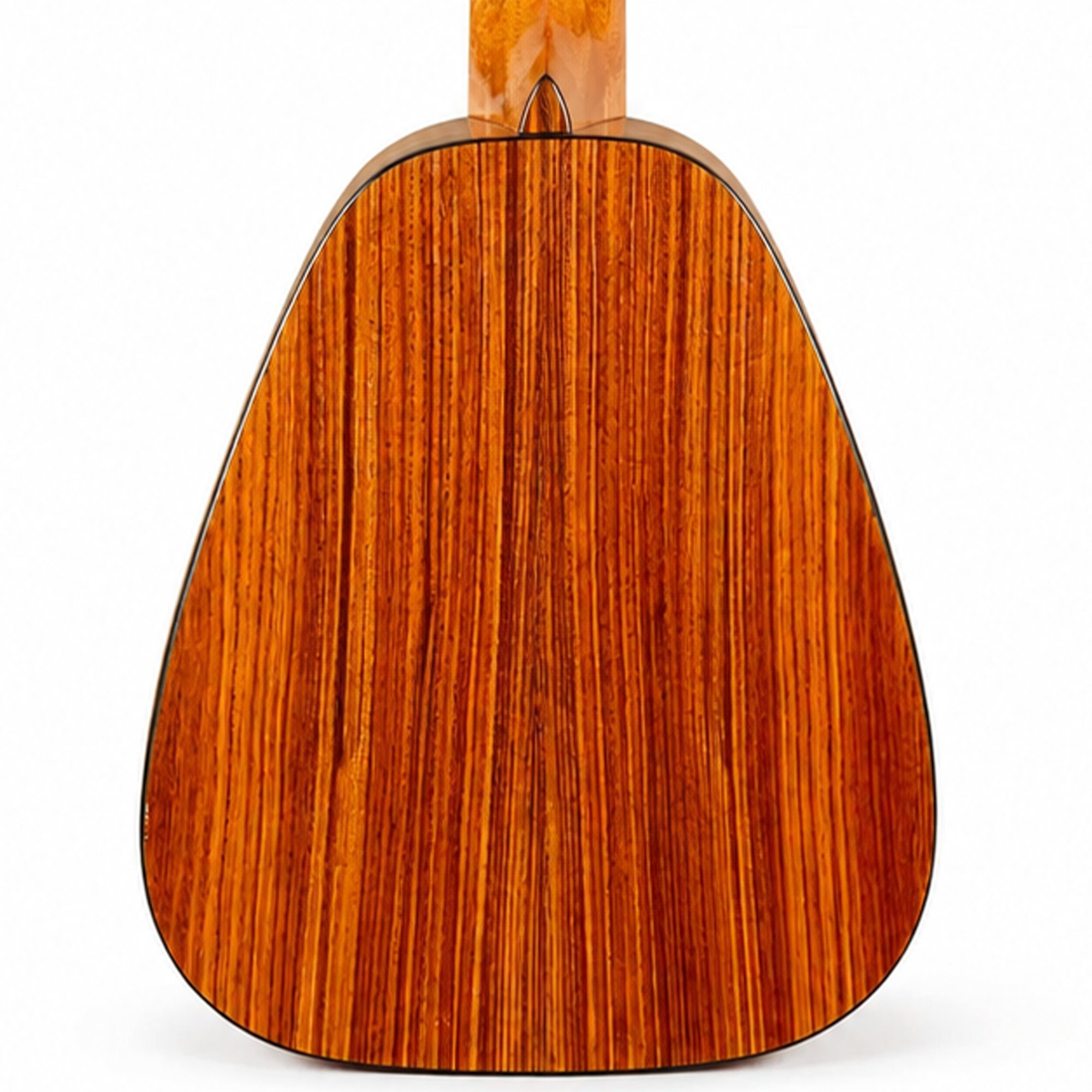 Close-up of the back of a ,Romero Creations Vibrante Dho6 6-String Guilele, showing a rich reddish-brown wood grain finish on a white background.