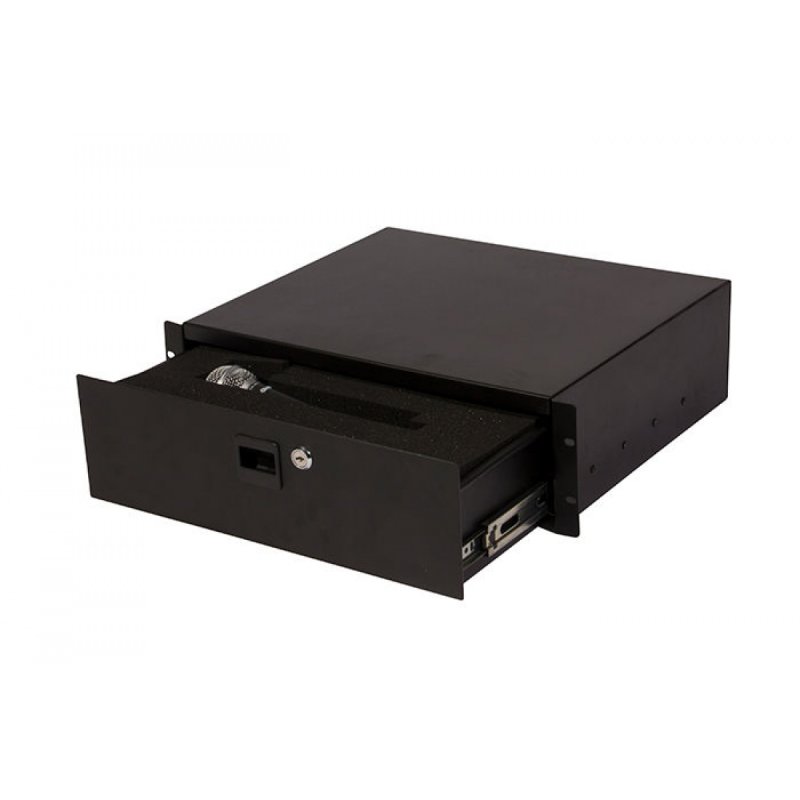 On-Stage RDF3000 foam in a 3U rack drawer pulled open, with a microphone in place