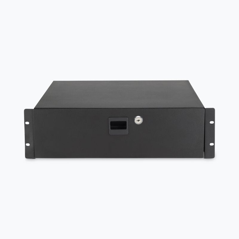 On-Stage RDL3000 black 3U steel rack drawer, front view with handle and key lock