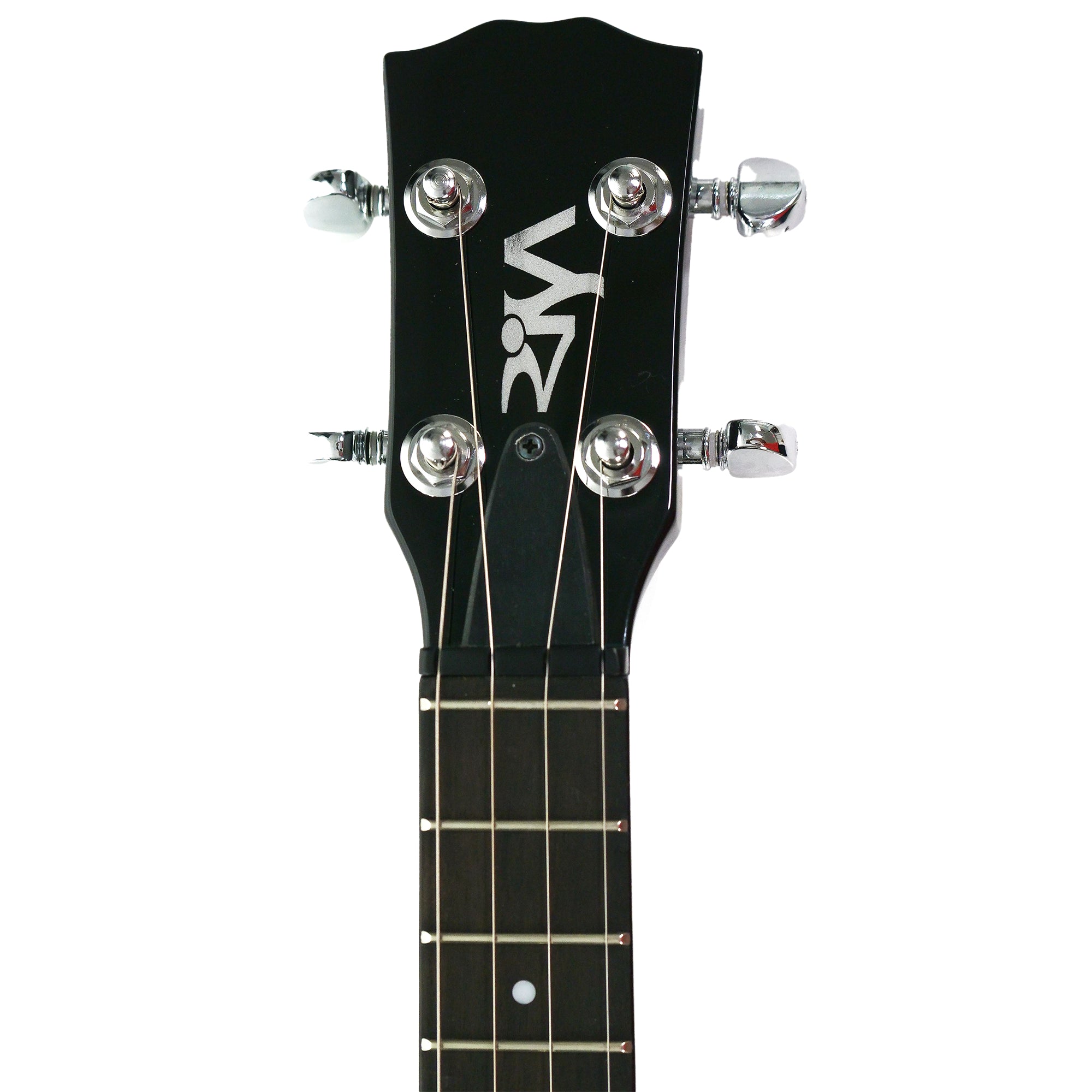 Close-up of a black ukulele headstock with four silver tuning pegs and a white stylized logo, shown against a plain white background.