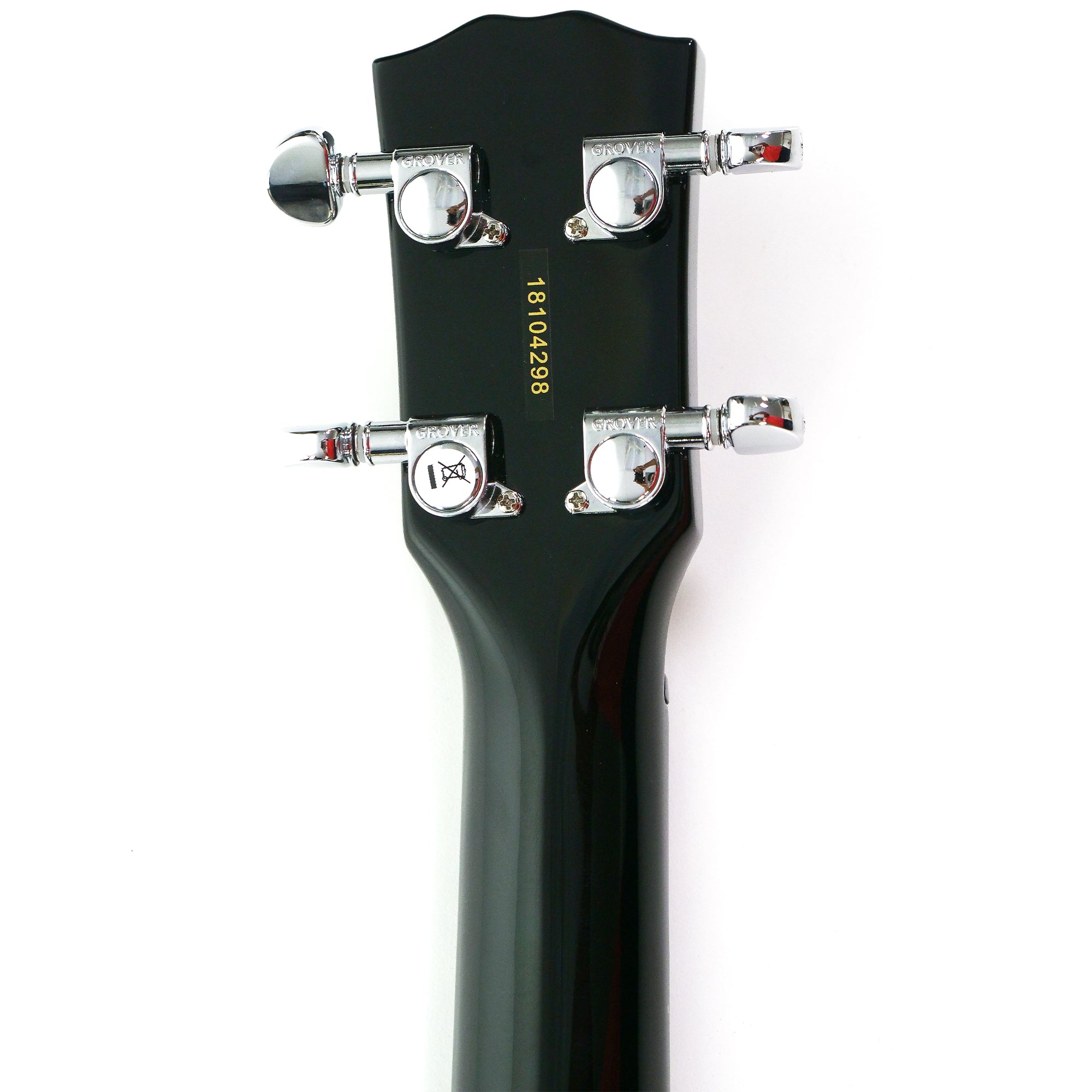 Close-up of the headstock of a black electric uke against a white background, showing four silver tuning pegs 