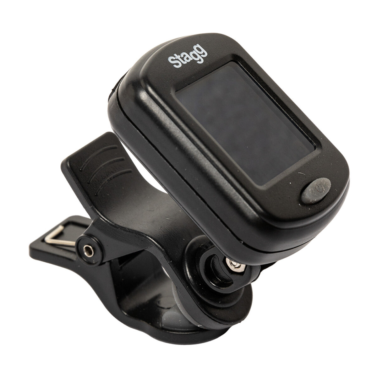 Black Stagg guitar tuner on a white background