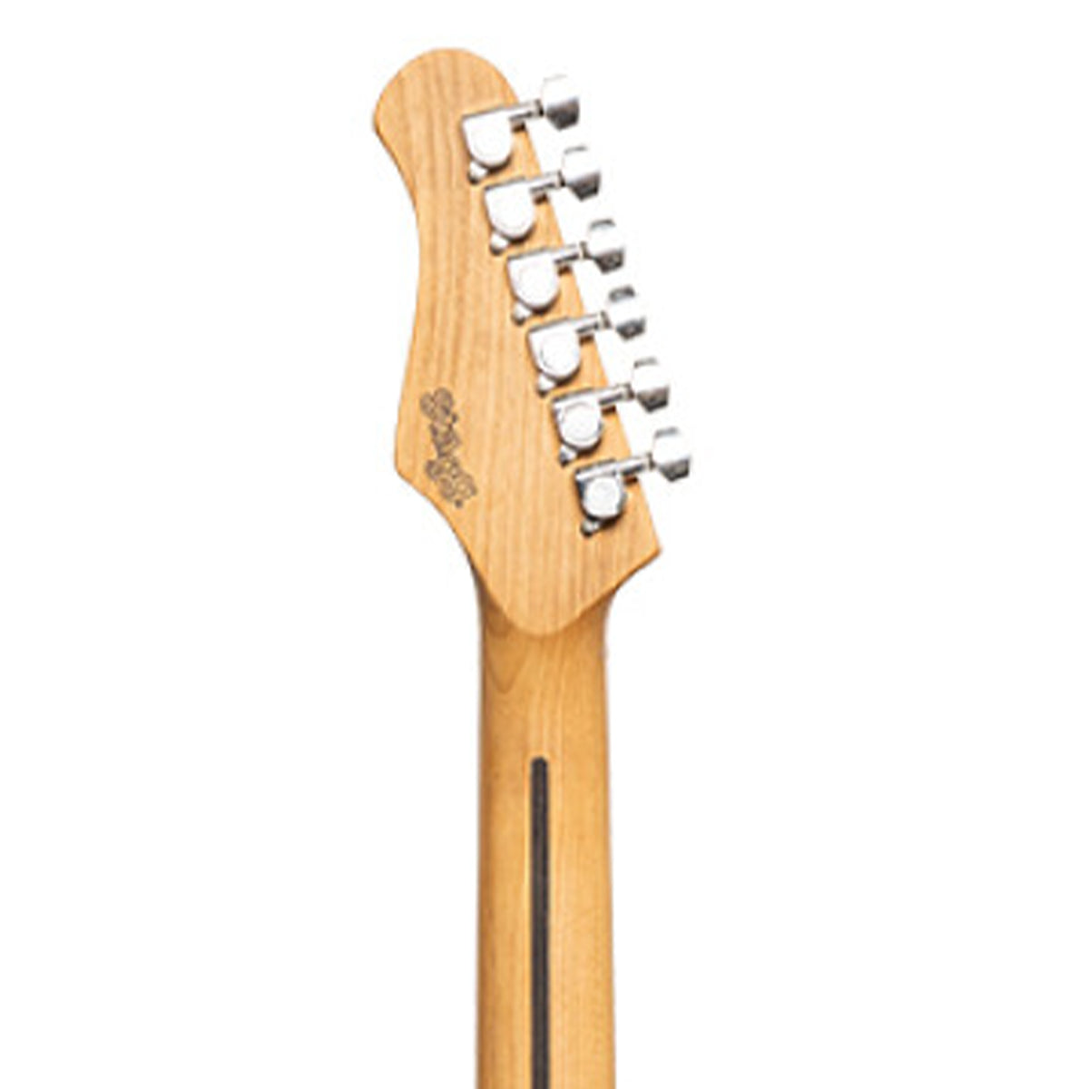 Close-up of a light natural wood electric guitar headstock with six silver tuning pegs, shown against a plain white background.