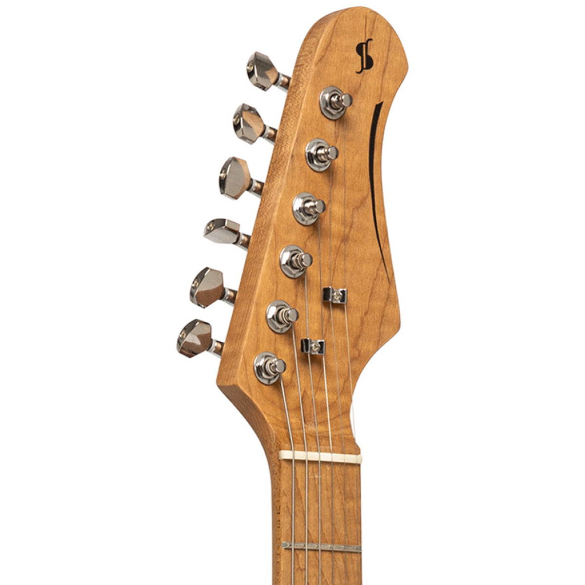Close-up of a guitar headstock made of natural wood with six silver tuning pegs and four strings, shown against a plain white background.