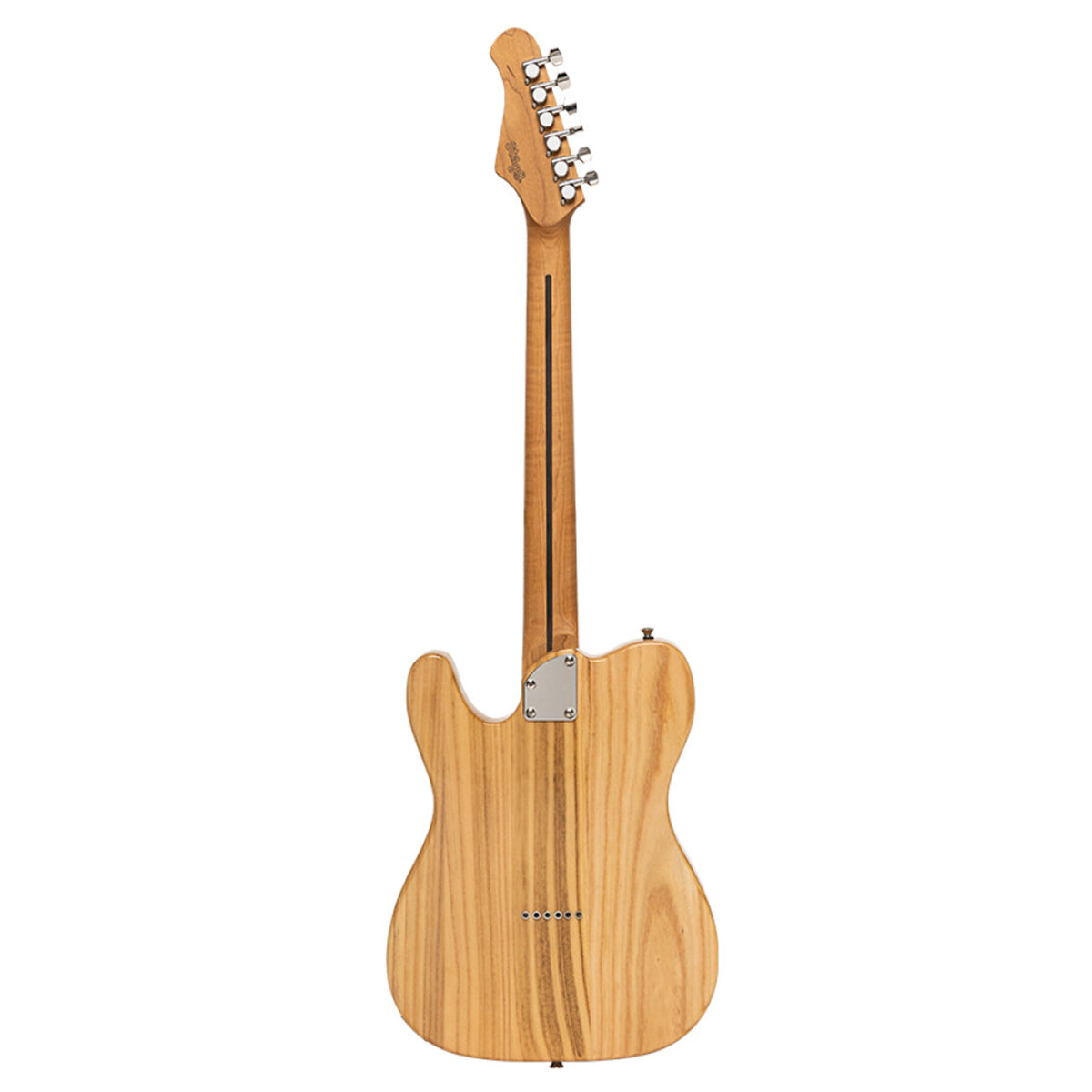 The back view of an electric guitar in a natural wood finish, showing the maple back, neck, and headstock against a solid white background.