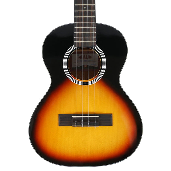 Kala SSMHG-T Tenor Ukulele front of the body and lower fretboard, sunburst solid spruce top, on a white background