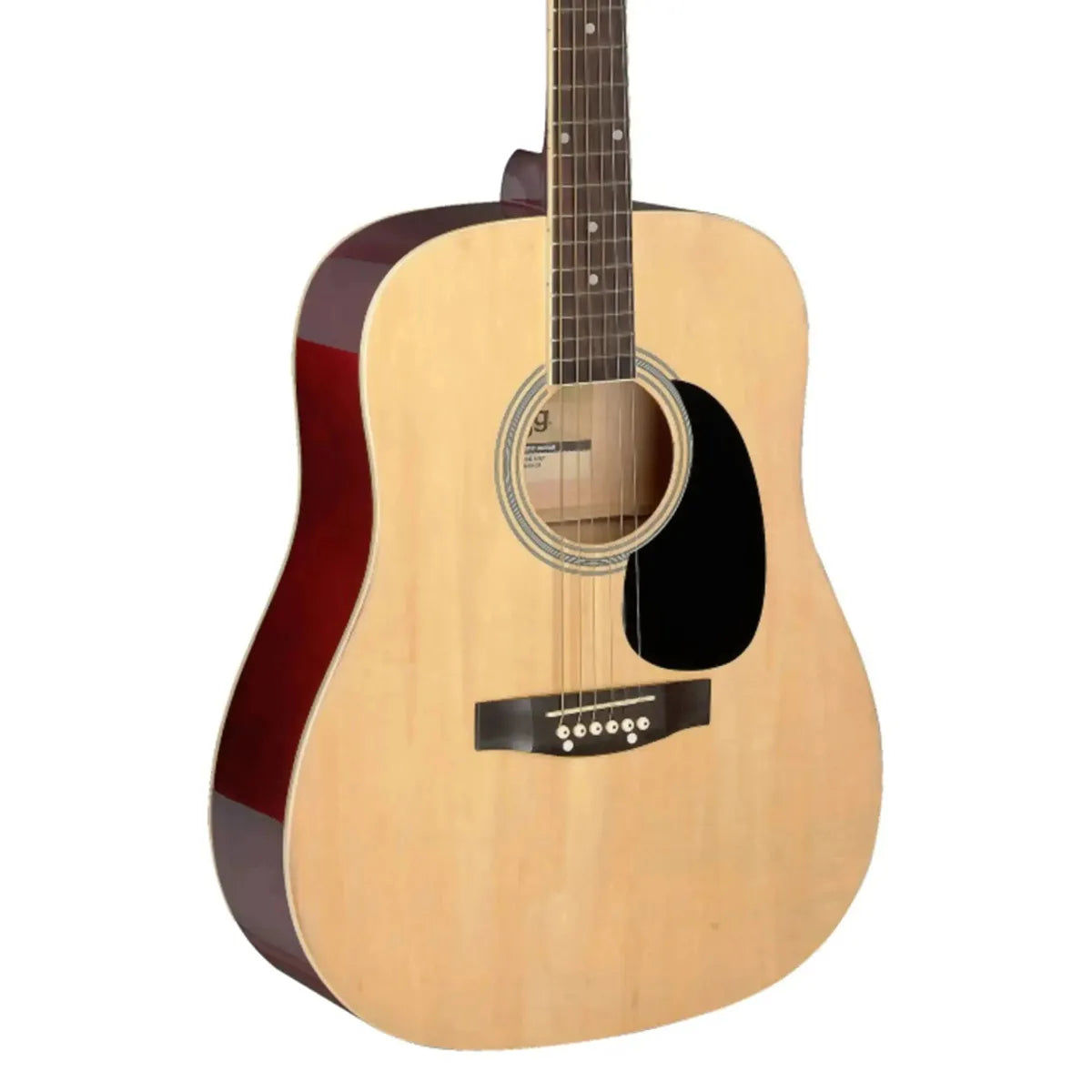 Stagg SA20D half-size natural dreadnought acoustic guitar, angled front view with red sides