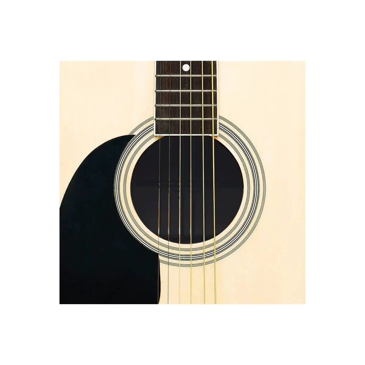 Stagg SA20D left-handed dreadnought acoustic guitar, close view of the soundhole