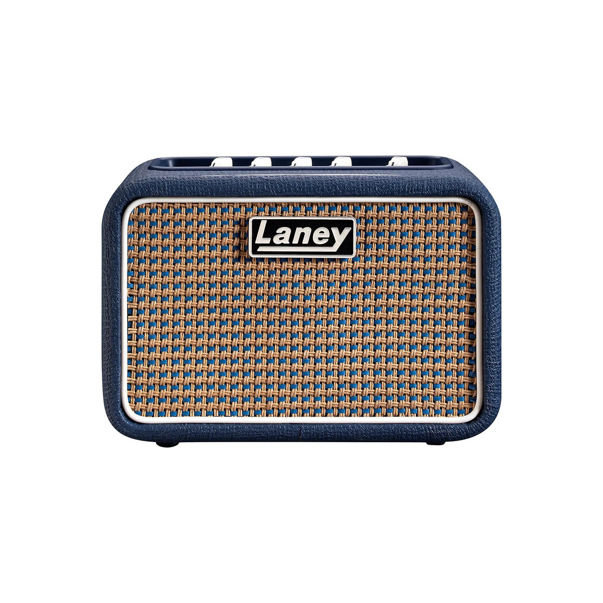 Laney Mini-STB-Lion Lionheart battery-powered amp from the front with blue vinyl cabinet and tan and blue grille cloth
