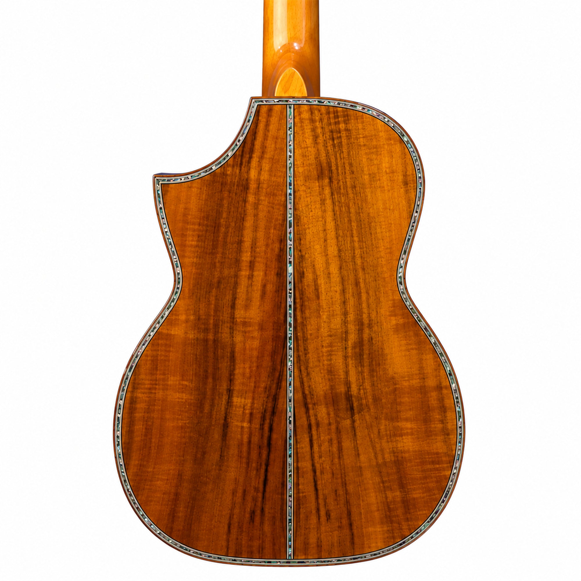 The back of an Ohana TK-70KC Limited Edition Tenor Ukulele showing a rich, warm brown wood grain finish with decorative inlay trim, isolated on a white background.