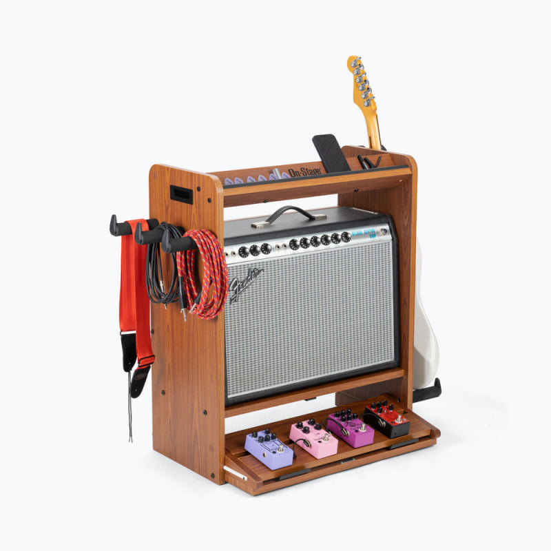 On-Stage GWS5000RB holding a combo amp, an electric guitar, a cable, a strap and pedals