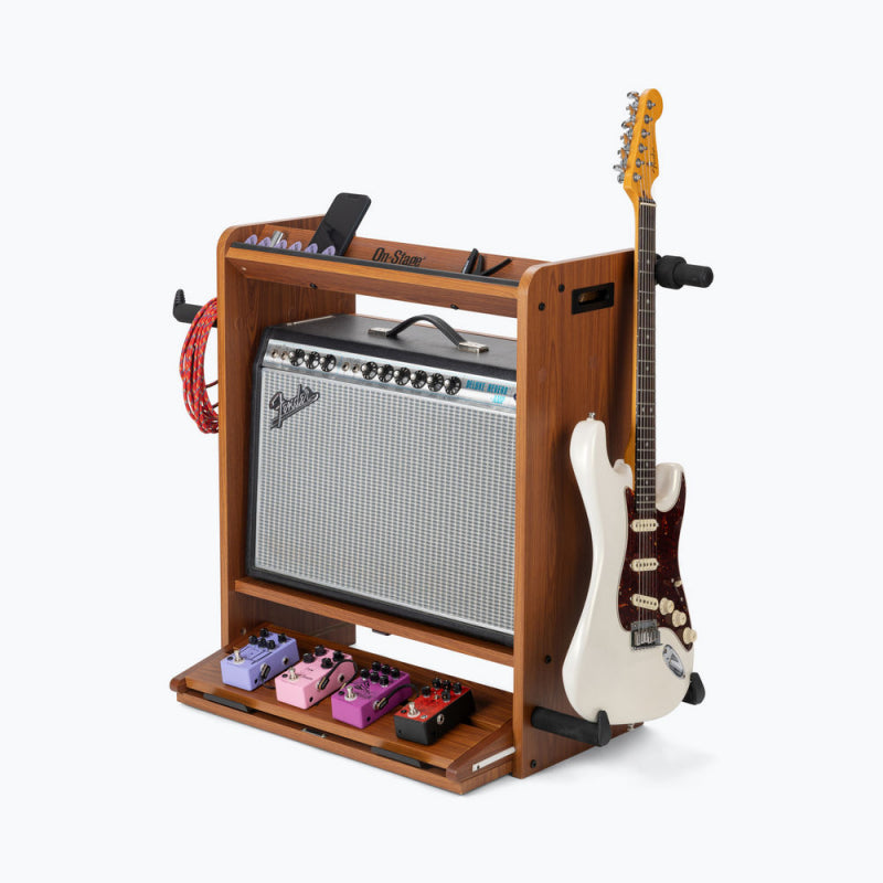 On-Stage GWS5000RB with amp, guitar and pedalboard, front three-quarter view