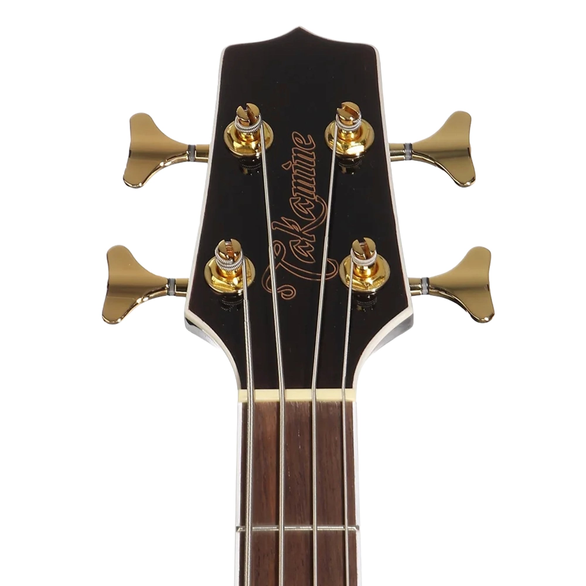 Close-up of a Takamine bass headstock with gold tuning pegs and strings on a white background.