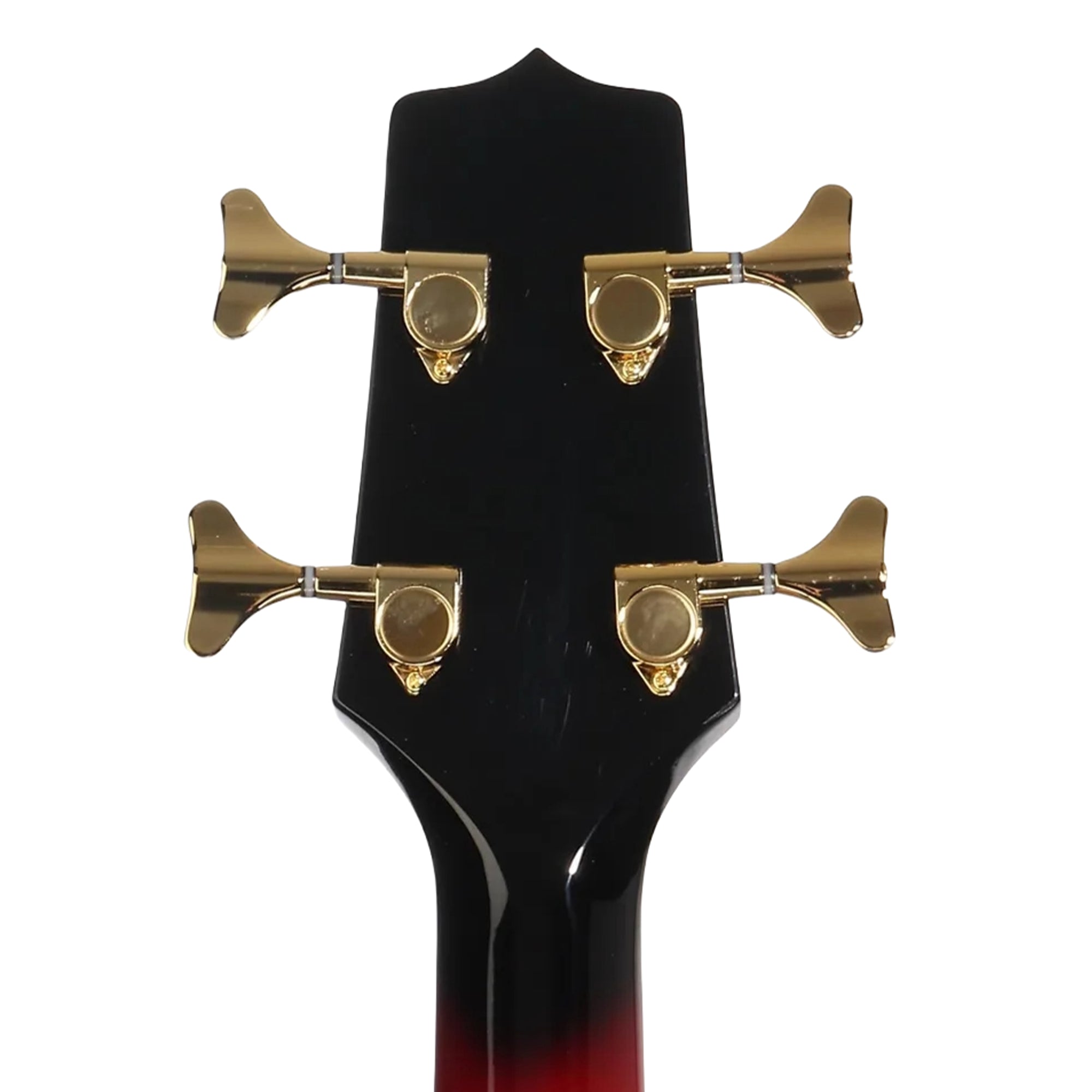 Close-up of a bass headstock showing four gold tuning pegs against a white background.