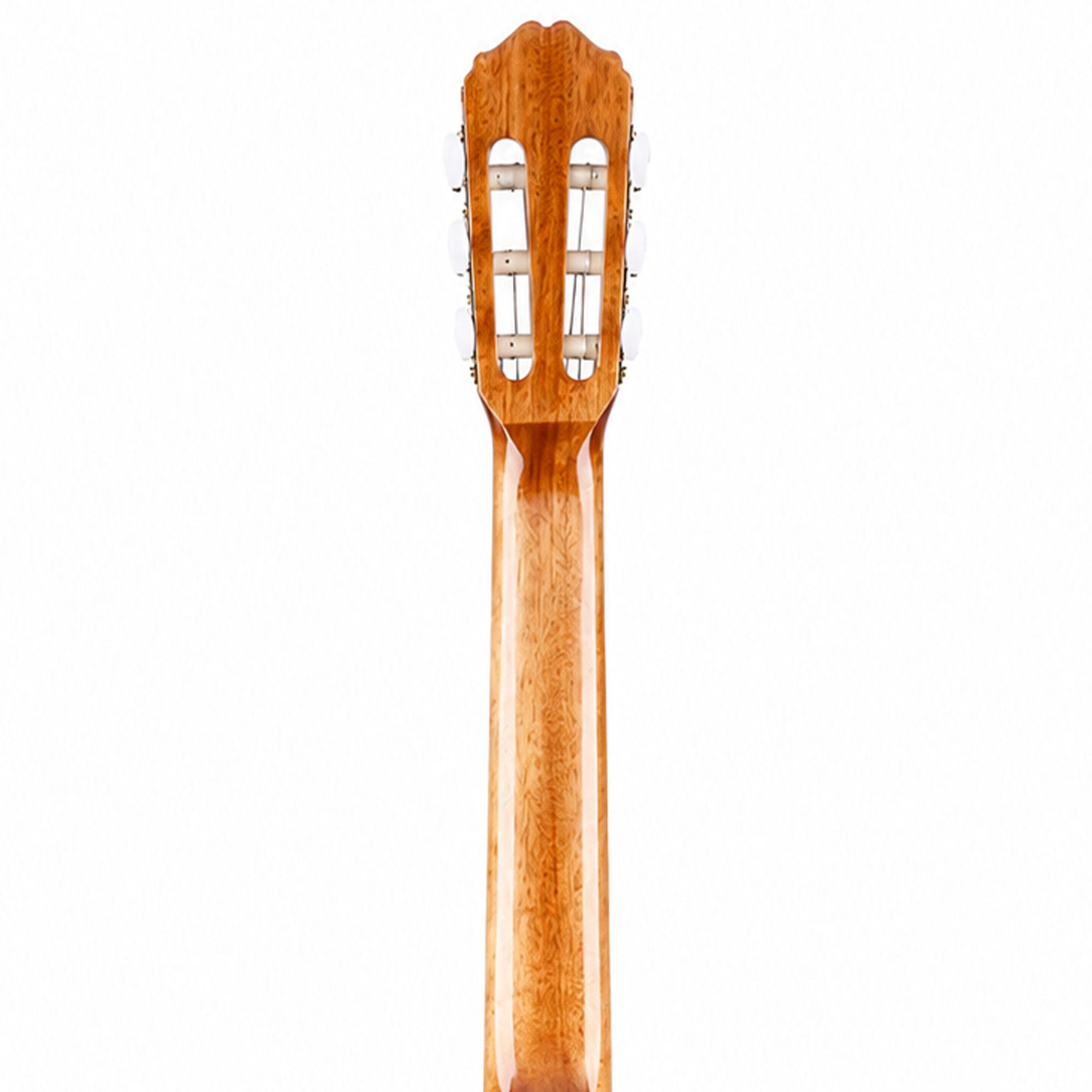Close-up of the headstock and neck of a classical guitar, showing the natural wood grain and four tuning pegs against a solid white background.