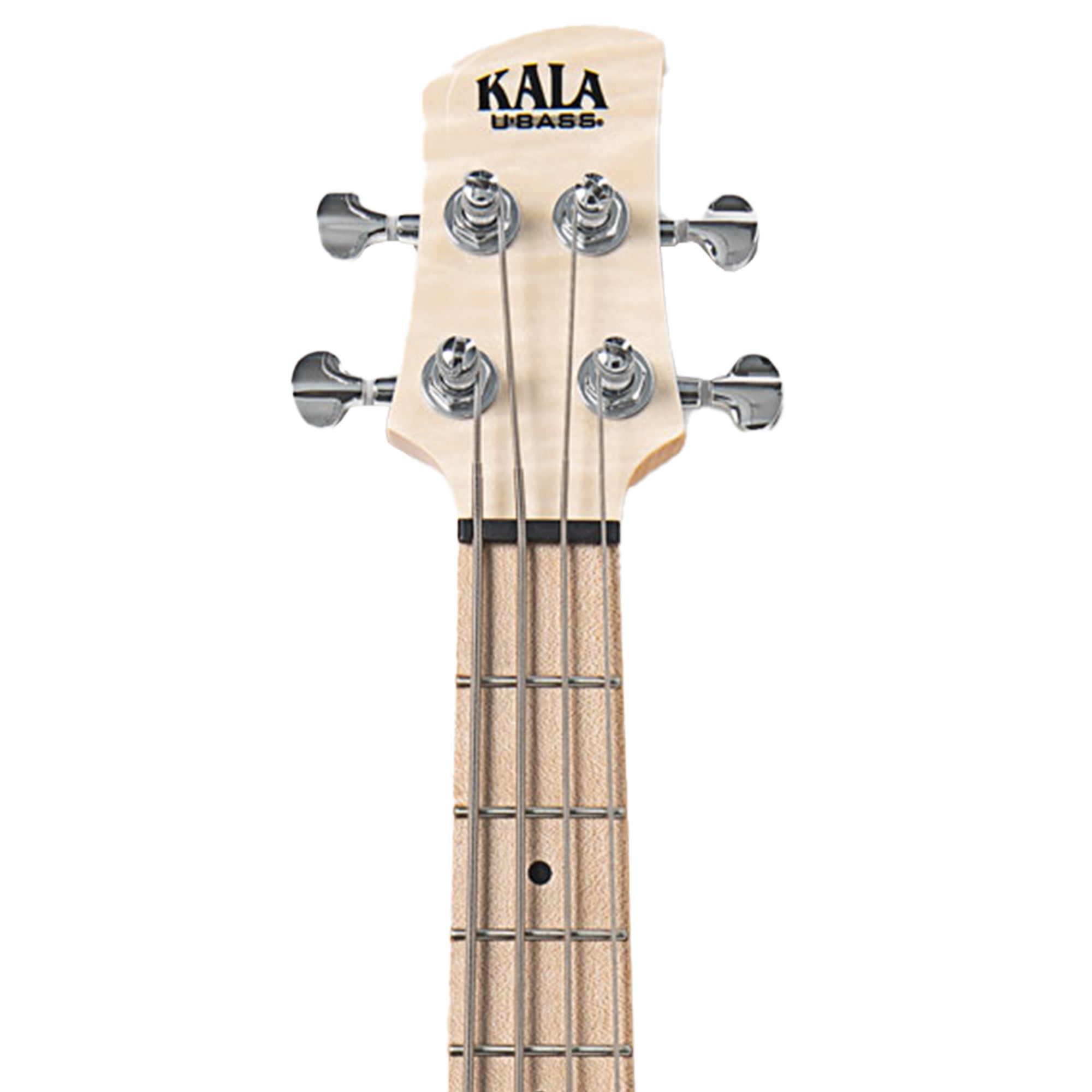 Close-up of a Kala UBass four-string bass guitar headstock and upper neck, showing the natural wood finish and silver tuning pegs against a white background.