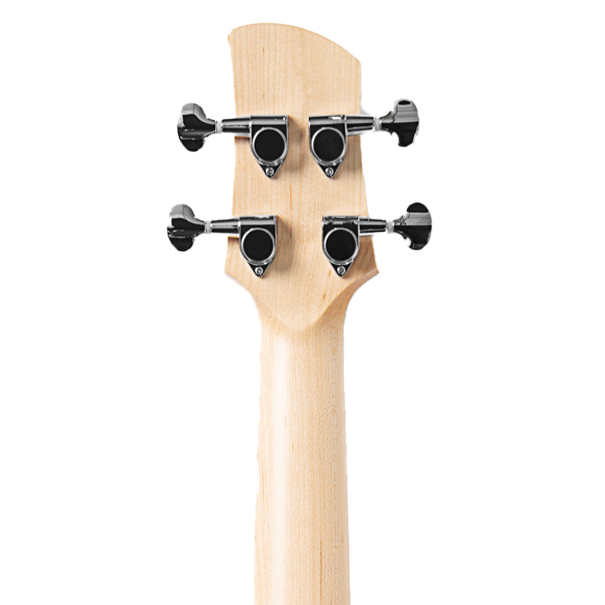 Close-up of a light natural wood bass headstock with four black tuning pegs on a plain white background.