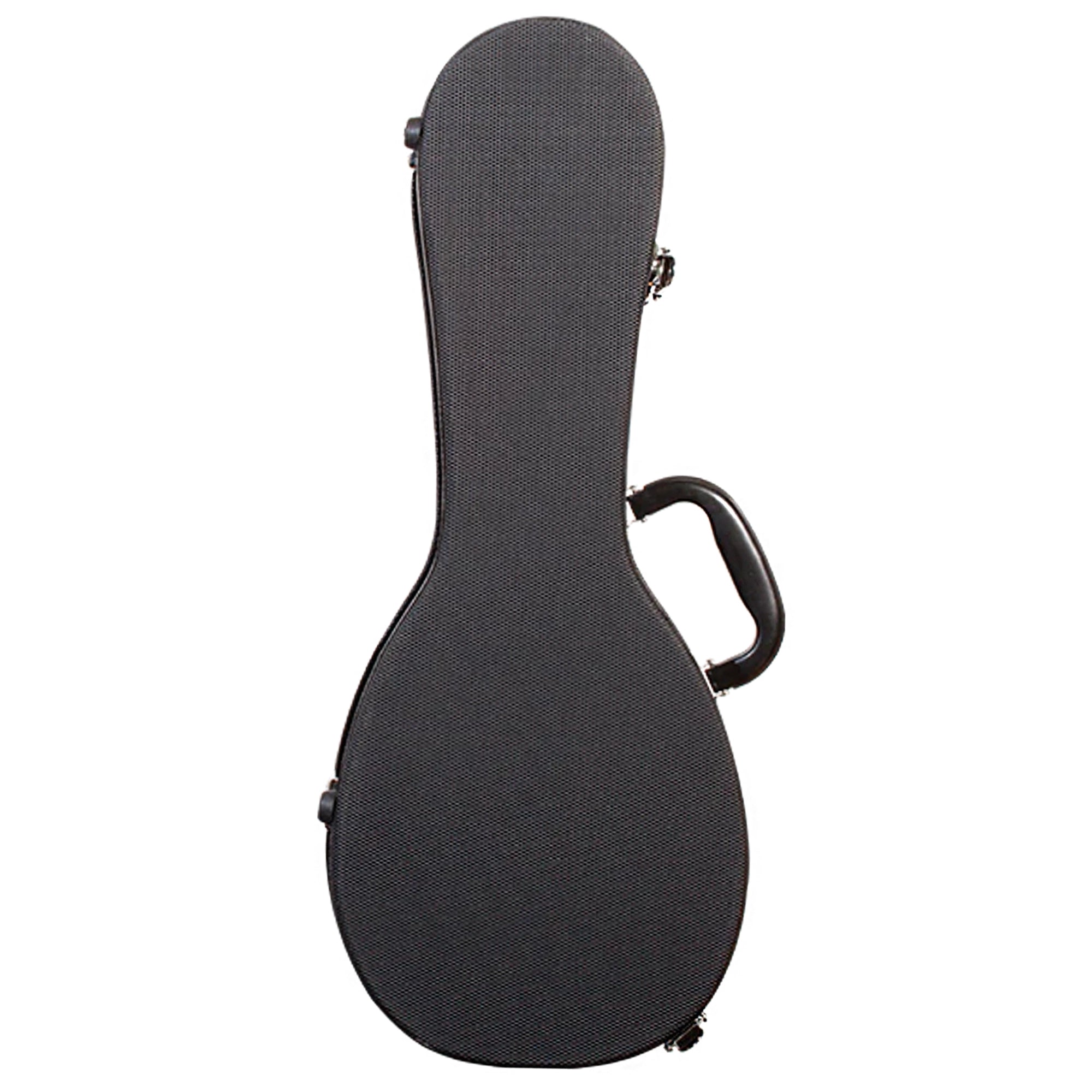The back of a black hardshell Ohana UCP-24 Concert ukulele case with a textured exterior and an integrated carrying handle.
