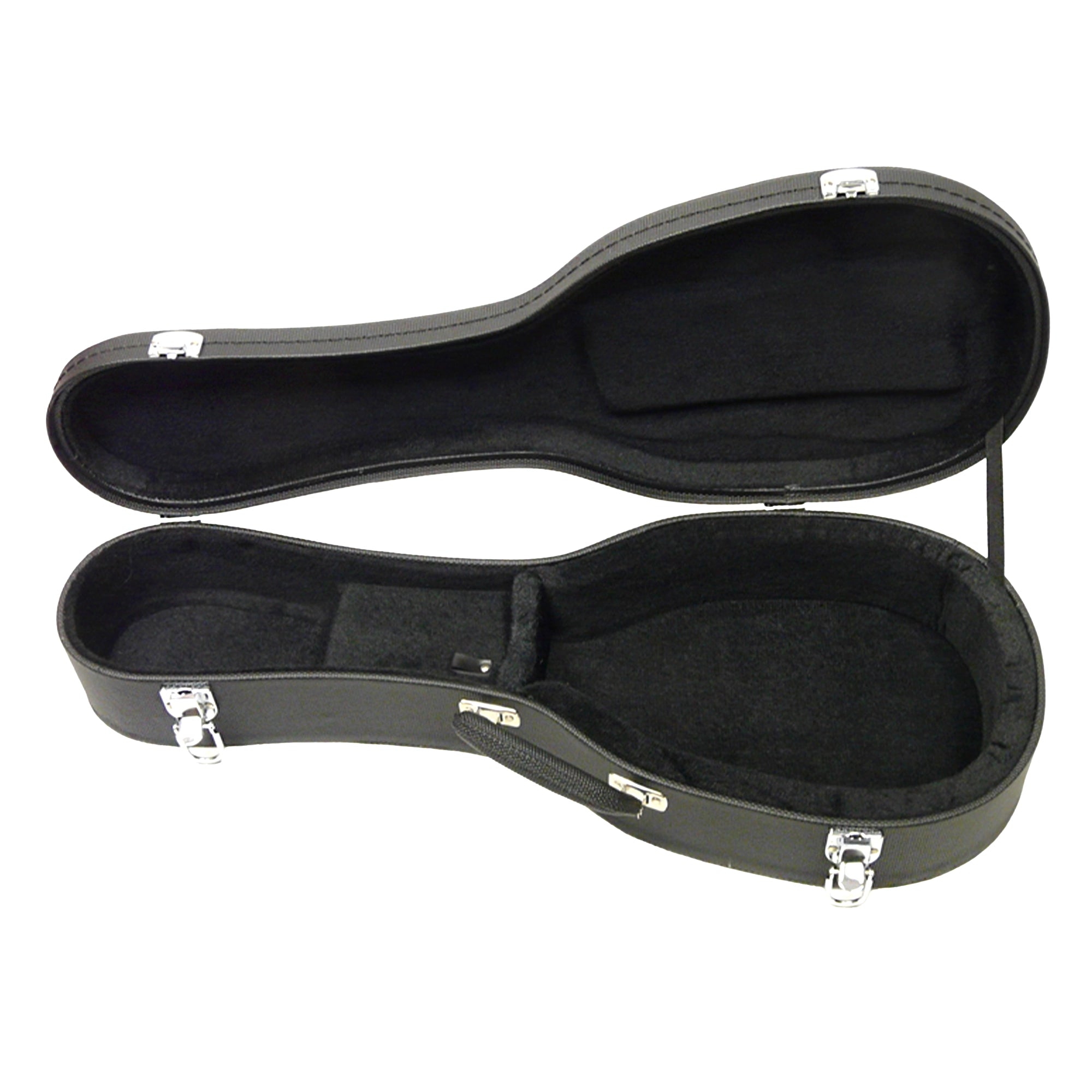 An open black hardshell Ohana UCP-24 Concert Ukulele case with black padded interior lining and silver metal latches.