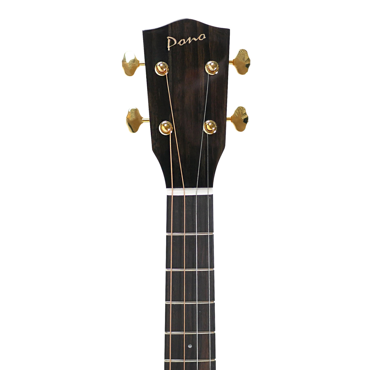 Pono UL4-3 big baritone ukulele headstock front with gold Grover tuners and ebony fretboard