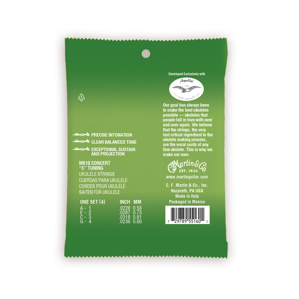 Martin M610 Graphite Grey Polygut concert ukulele strings, green packet back with string chart