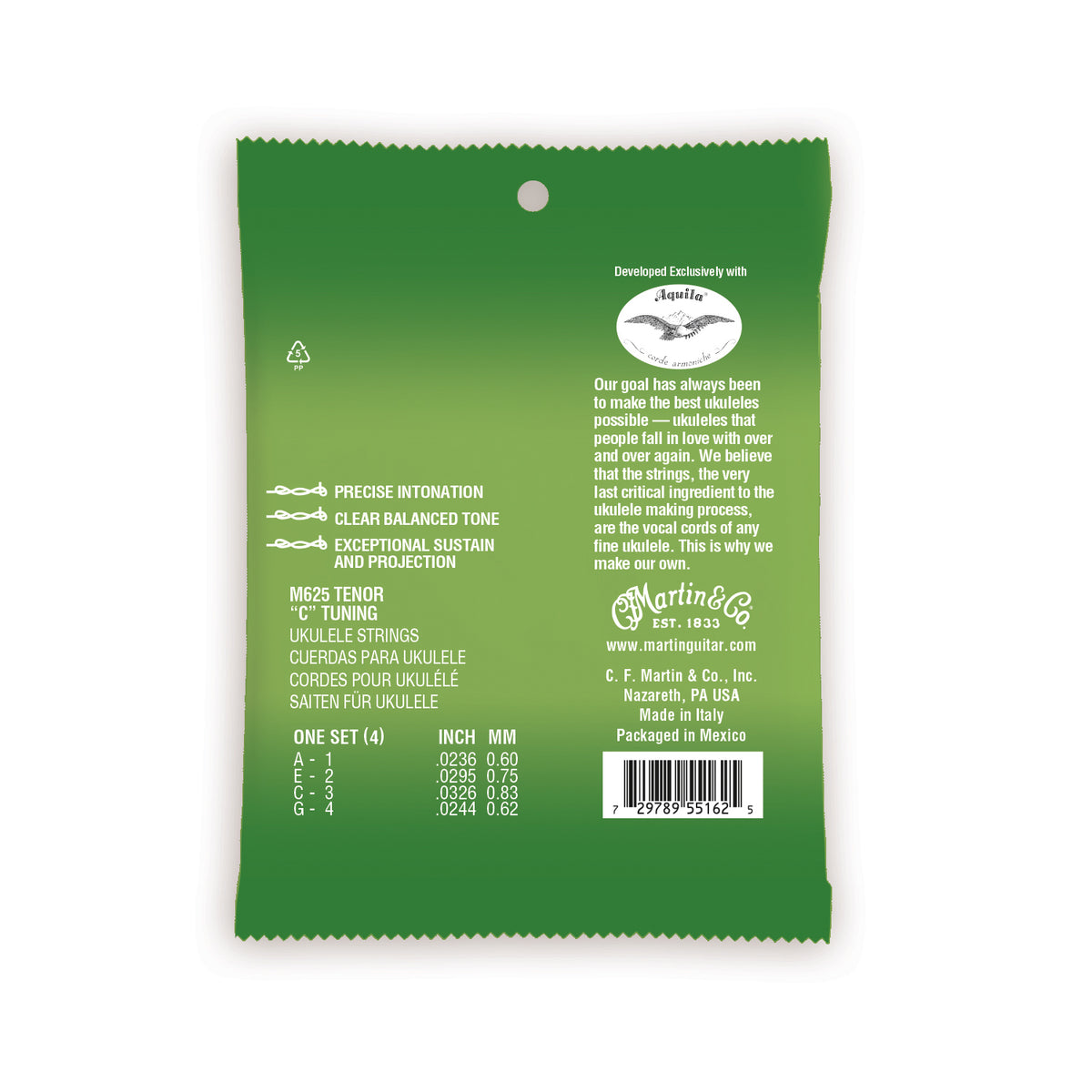Martin M625 Graphite Grey Polygut tenor ukulele strings, green packet back with string chart