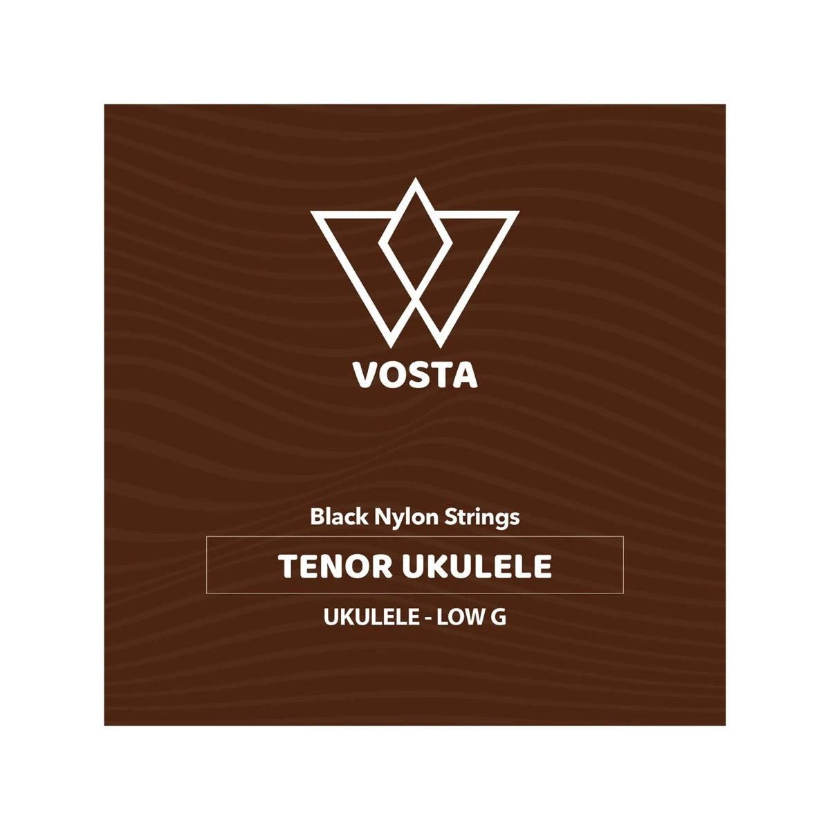 Vosta black nylon tenor ukulele string packet, wound low G, front of the rust coloured sleeve