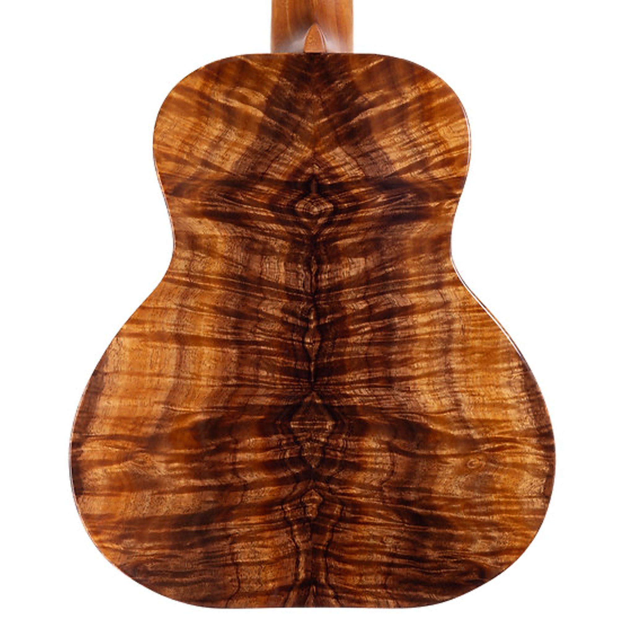 Close-up of the back of a Kanile'a Willie`K 5-String Super Tenor Ukulele, showing a richly figured wood grain pattern in warm brown and amber tones against a white background.