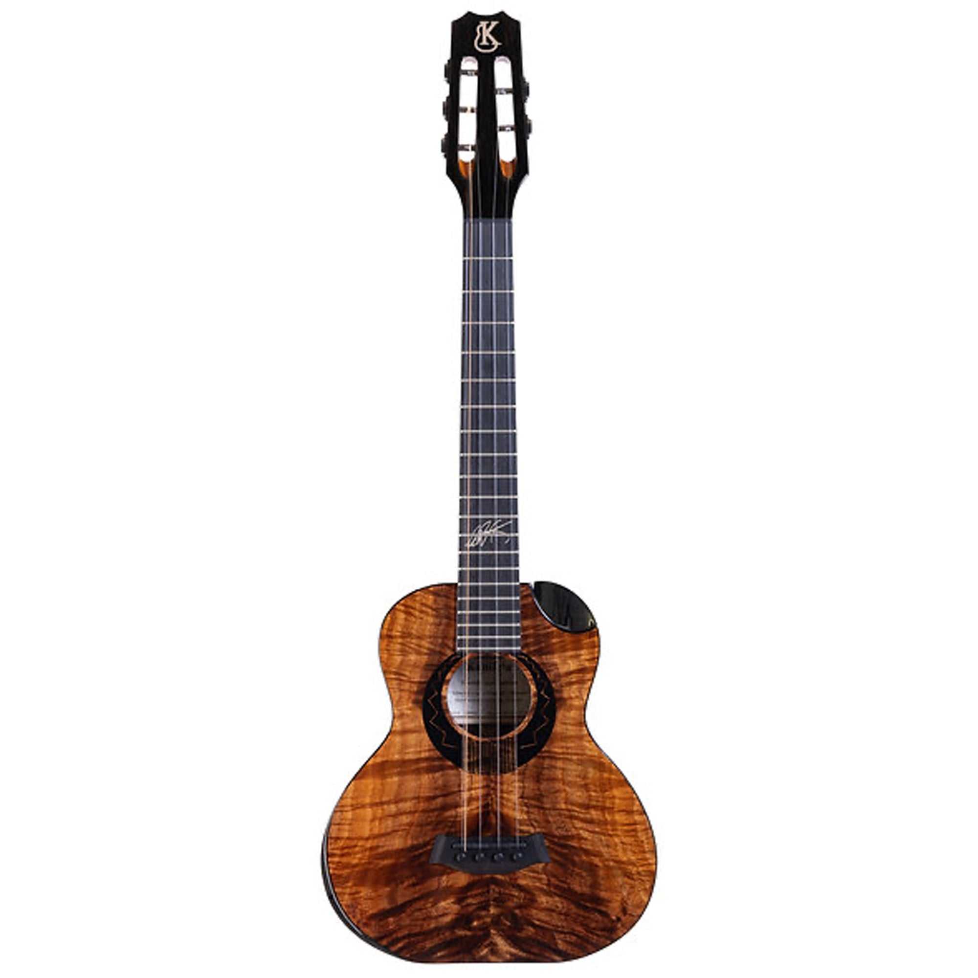A Kanile'a Willie`K 5-String Super Tenor Ukulele with a highly figured, flame-patterned brown wood body, dark fretboard, and black headstock, shown against a plain white background.