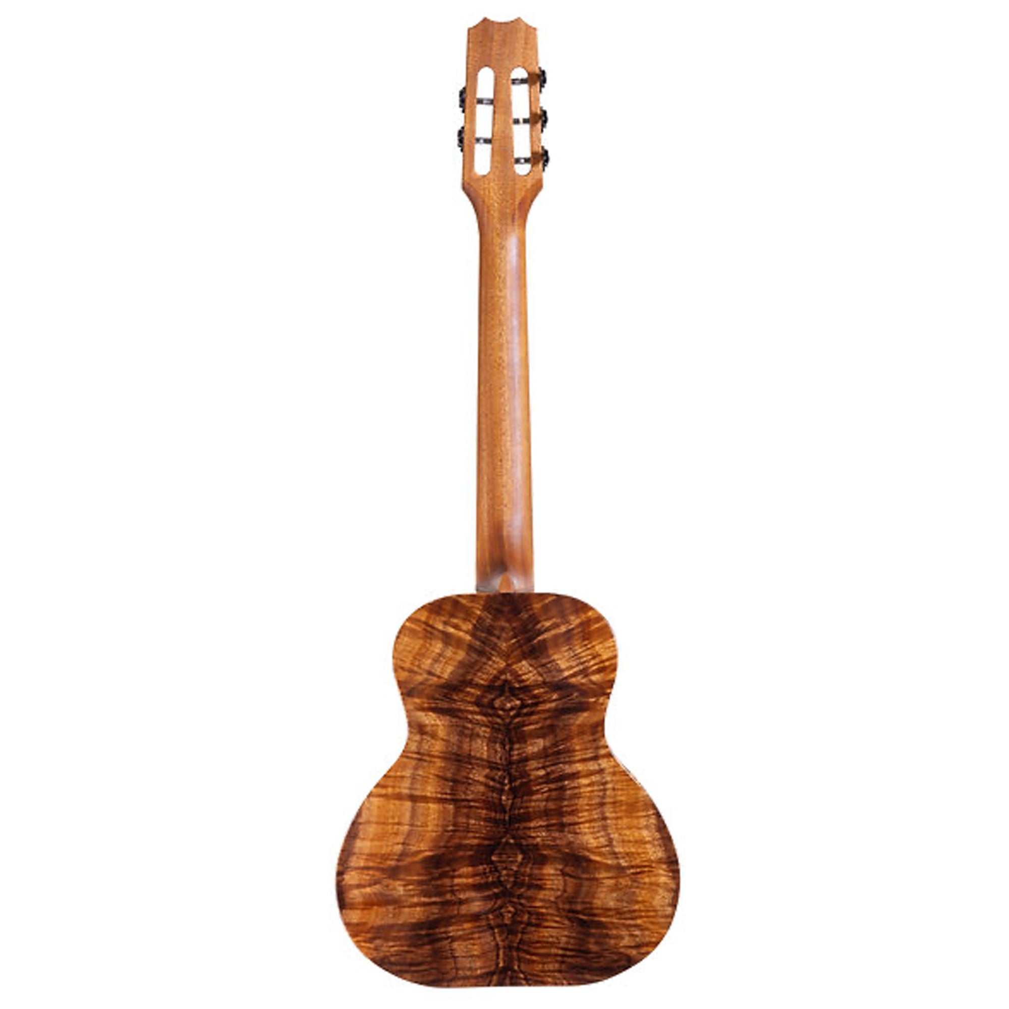 A close-up of a Kanile'a Willie`K 5-String Super Tenor Ukulele back view, showcasing its rich, highly figured brown wood grain on the body and neck, set against a solid white background.