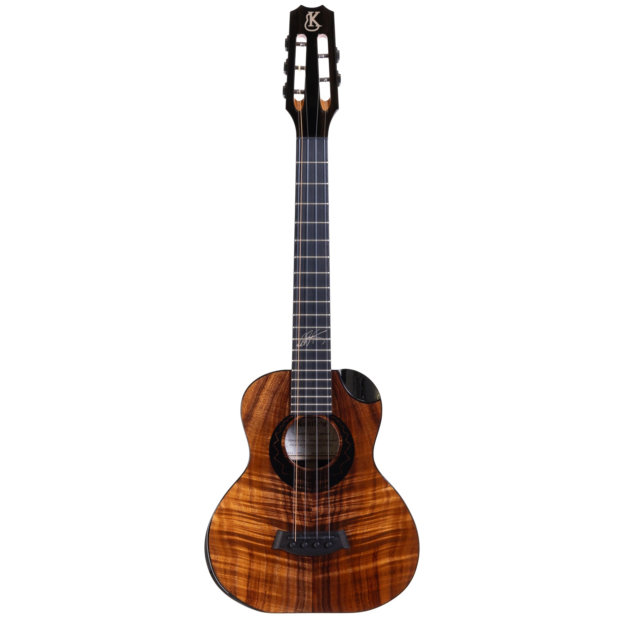 A Kanile'a Willie`K 5-String Super Tenor Ukulele with a rich, dark brown wood grain finish, black headstock, and black soundhole trim, shown against a solid white background.