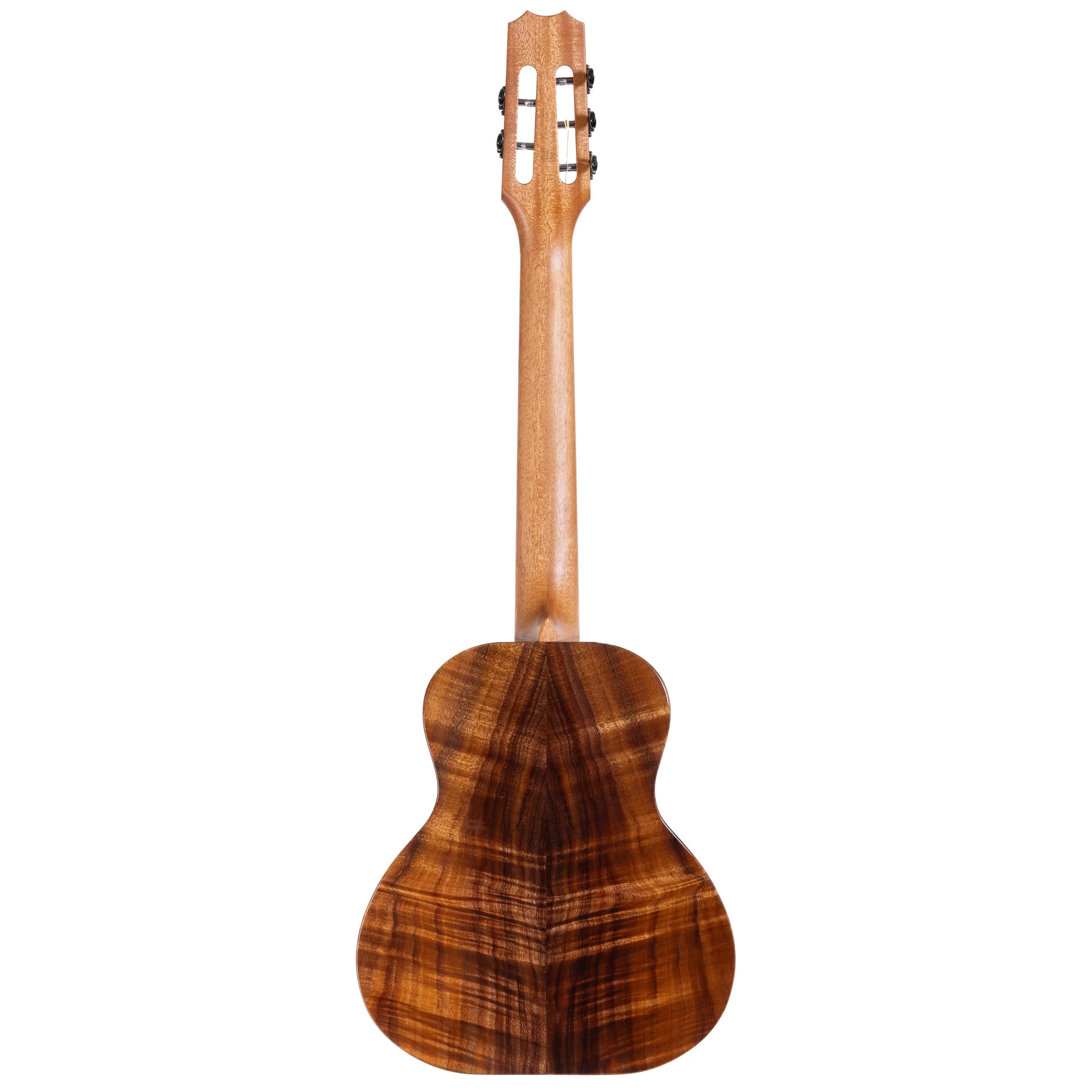 A close-up of a Kanile'a Willie`K 5-String Super Tenor Ukulele back view, showcasing its rich, figured wood grain pattern in warm brown and golden tones against a solid white background.
