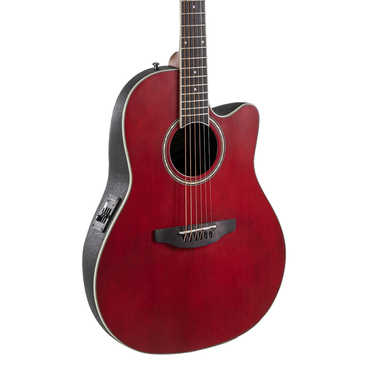 Body front of the Ovation Applause AB24-2S in Ruby Red Satin: selected spruce top, soundhole, bridge and some fretboard