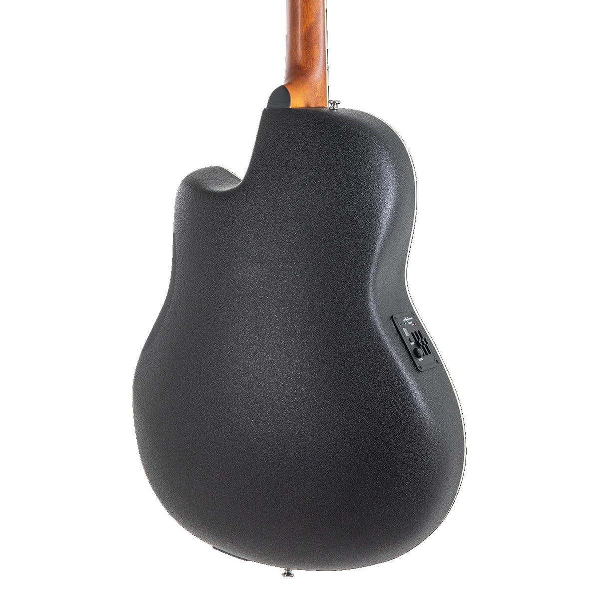Body back of the Ovation Applause AB24-2S: black Lyrachord roundback bowl and the base of the neck