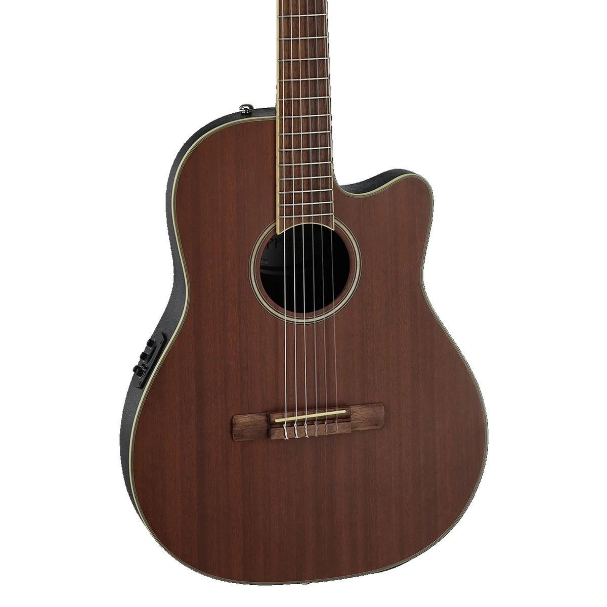 Body front of the Ovation Applause AB24CM-4S in Natural Satin: selected mahogany top, soundhole, bridge and some fretboard