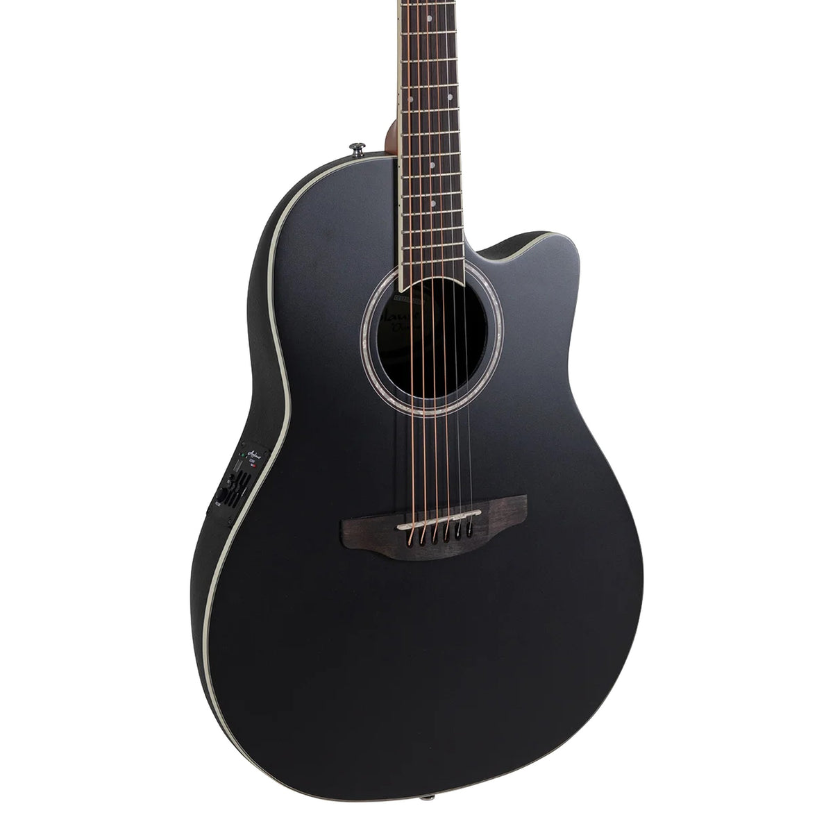 Body front of the Ovation Applause AB28-5S in Black Satin: selected spruce top, soundhole, bridge and some fretboard