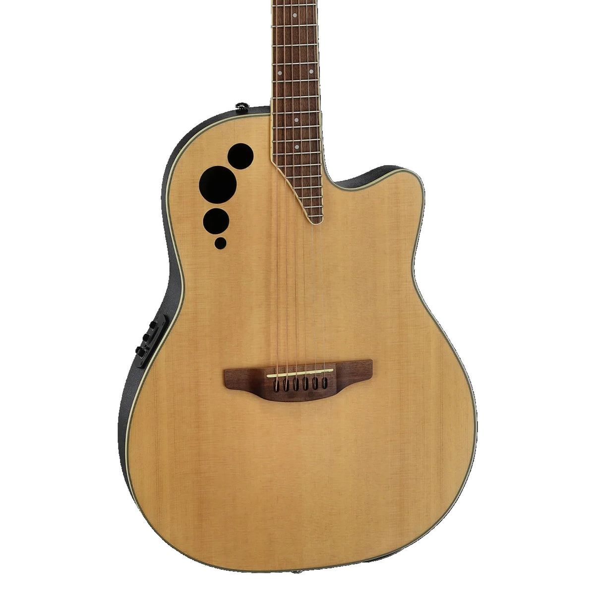 Body front of the Ovation Applause AE44-4S in Natural Satin: selected spruce top, soundholes, bridge and some fretboard