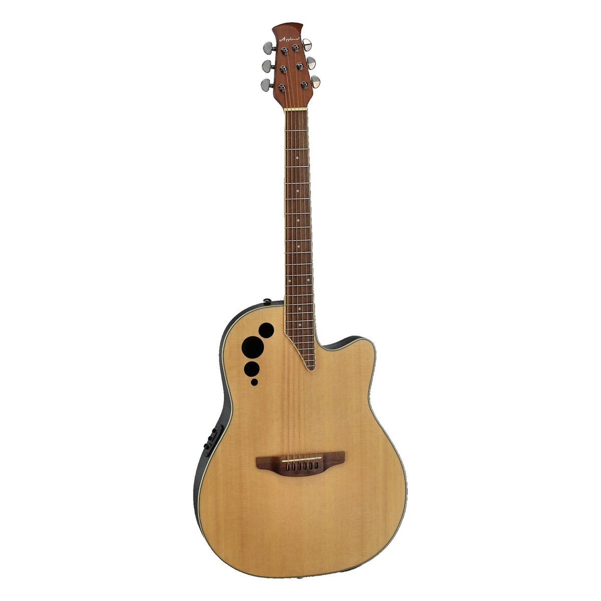 Full front view of the Ovation Applause AE44-4S acoustic-electric guitar in Natural Satin, headstock up