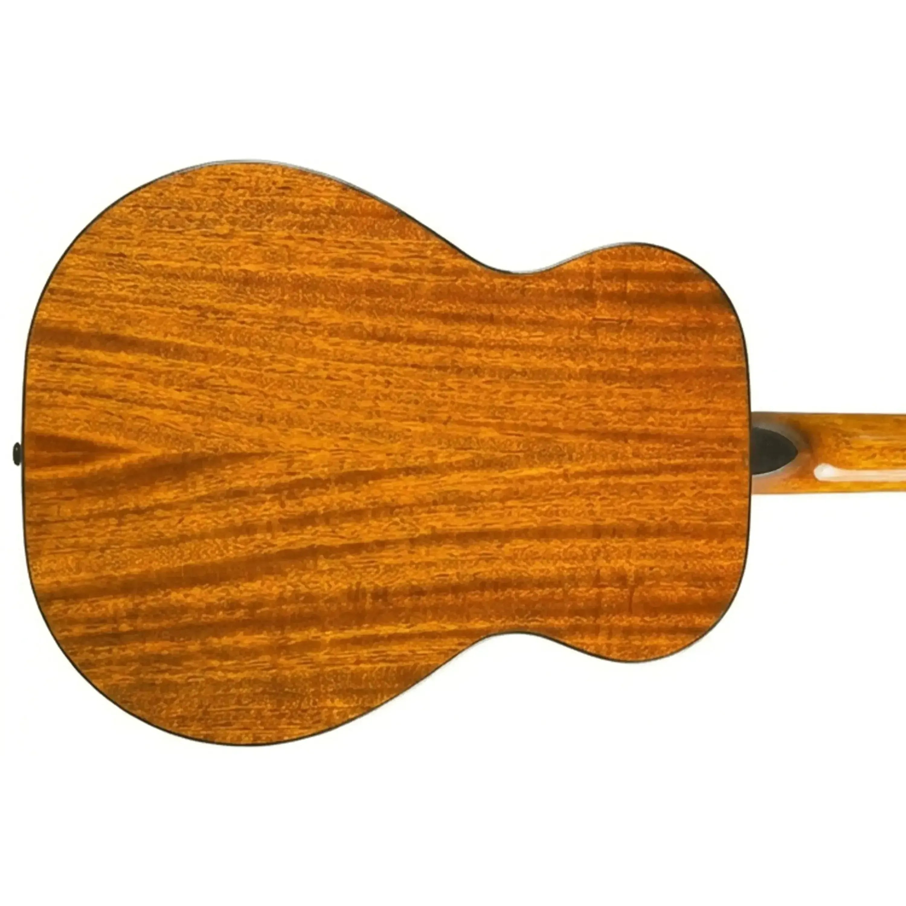 Back of a Baby Bristol BB-16 acoustic guitar, showing its mahogany wood grain.