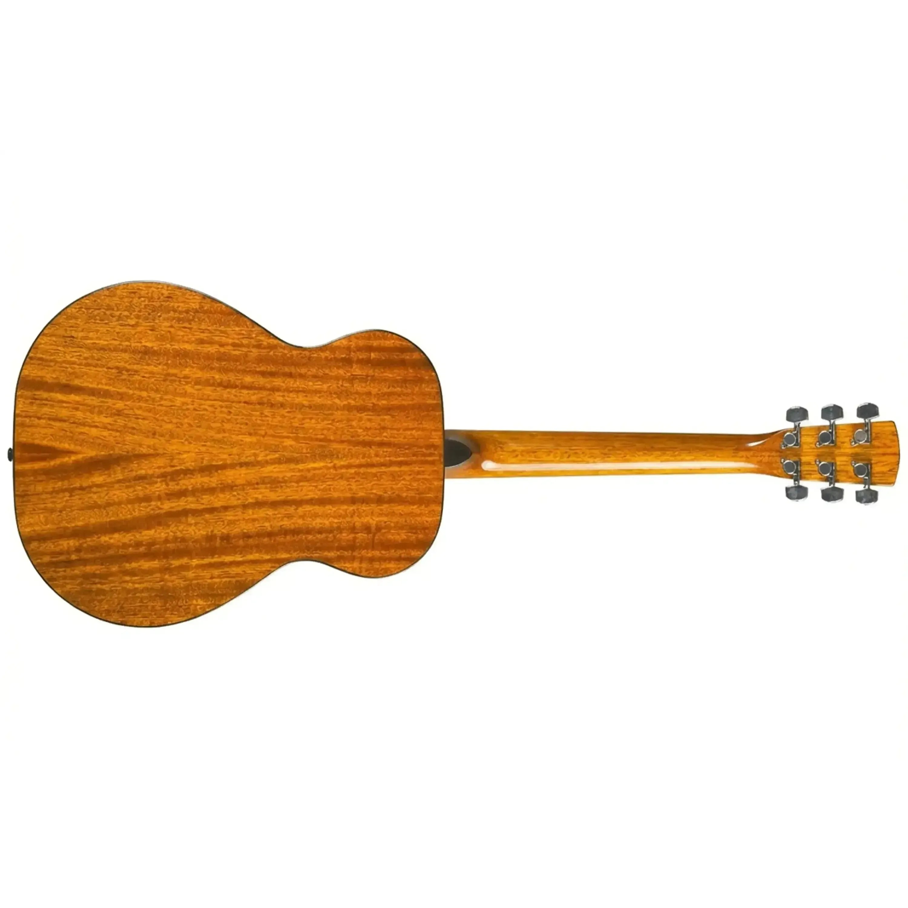 Back of a Baby Bristol BB-16 acoustic guitar, showing its mahogany wood grain and slim neck.
